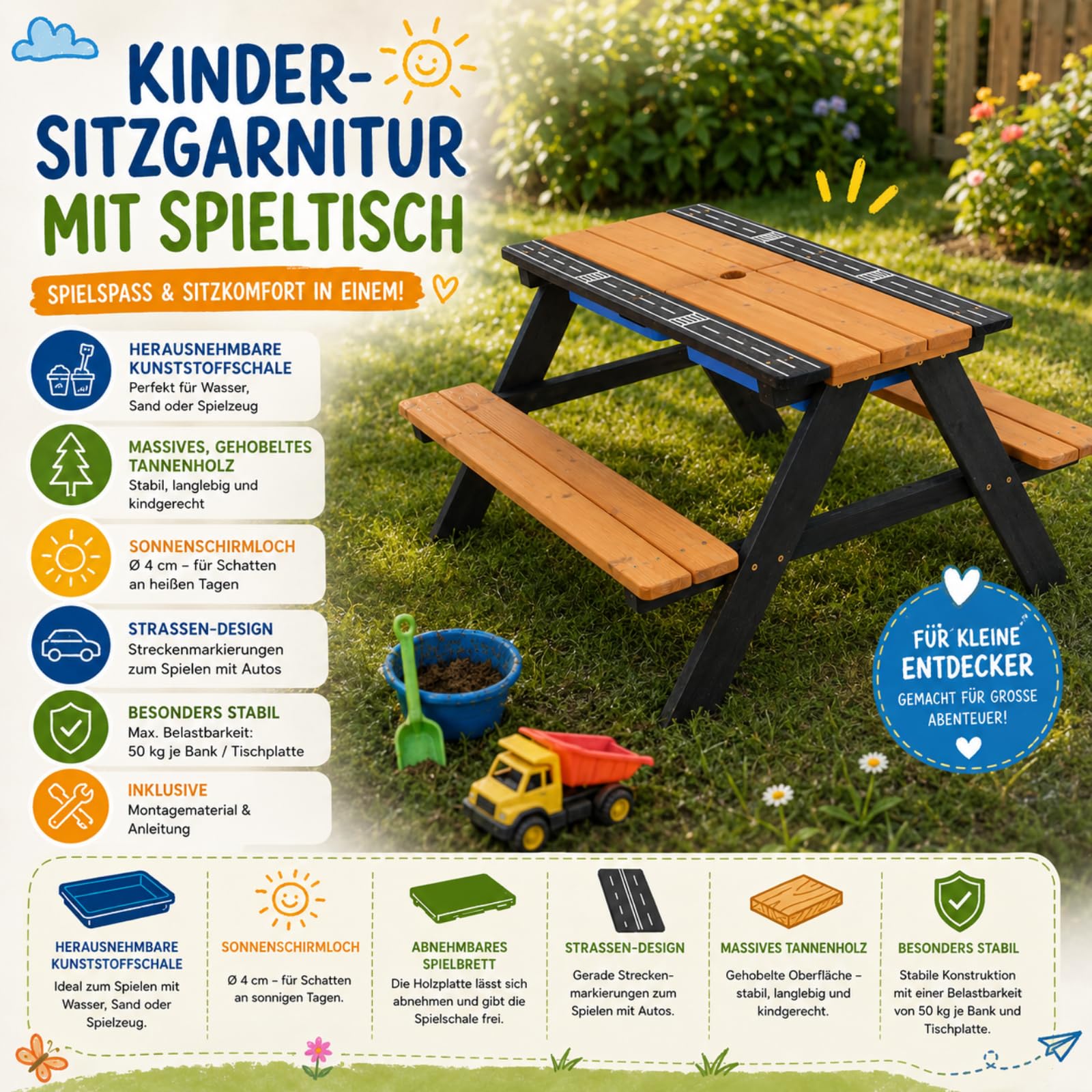 HAGO24 | Kindersitzgarnitur | Kindersitzbank | Spieltisch | Matschtisch | Picknickbank | Tanne | Kunststoffschale | Autospielfläche | Sonnenschirmloch