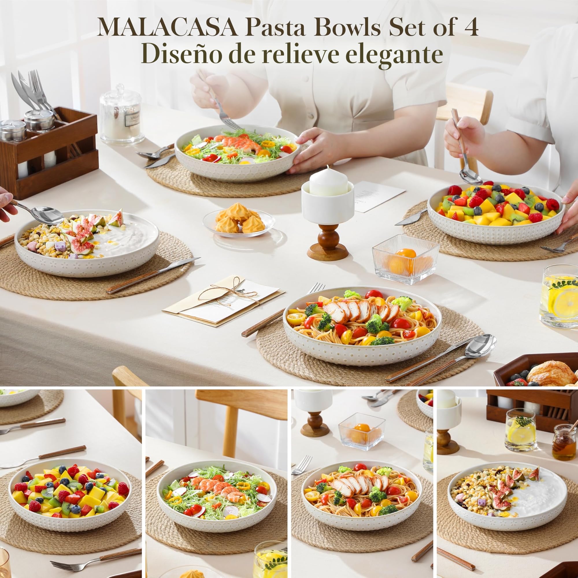 MALACASA Juego de 4 Cuencos para Pasta de Gres, 1570 ml Grande Platos Hondos para Pasta Ensalada y Sopas, Beige - Serie LYDIA