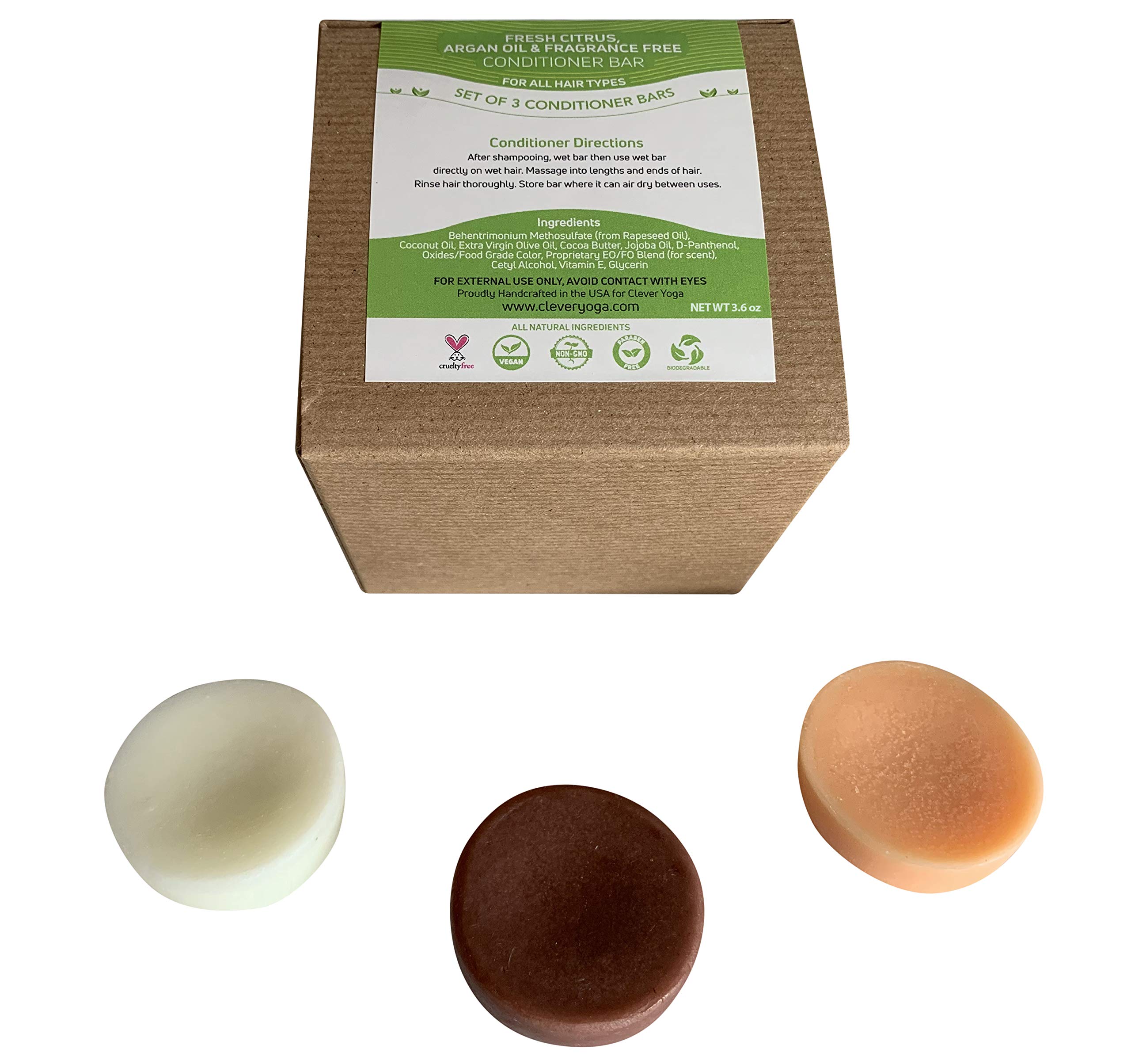 Clever Yoga Conditioner Bars - All Natural Solid Bars Made in USA for Full and Frizz Free Hair - Minimalist Home and Travel Bar Conditioner for Hair (Fresh Citrus, Argan Oil, Unscented 3bars)