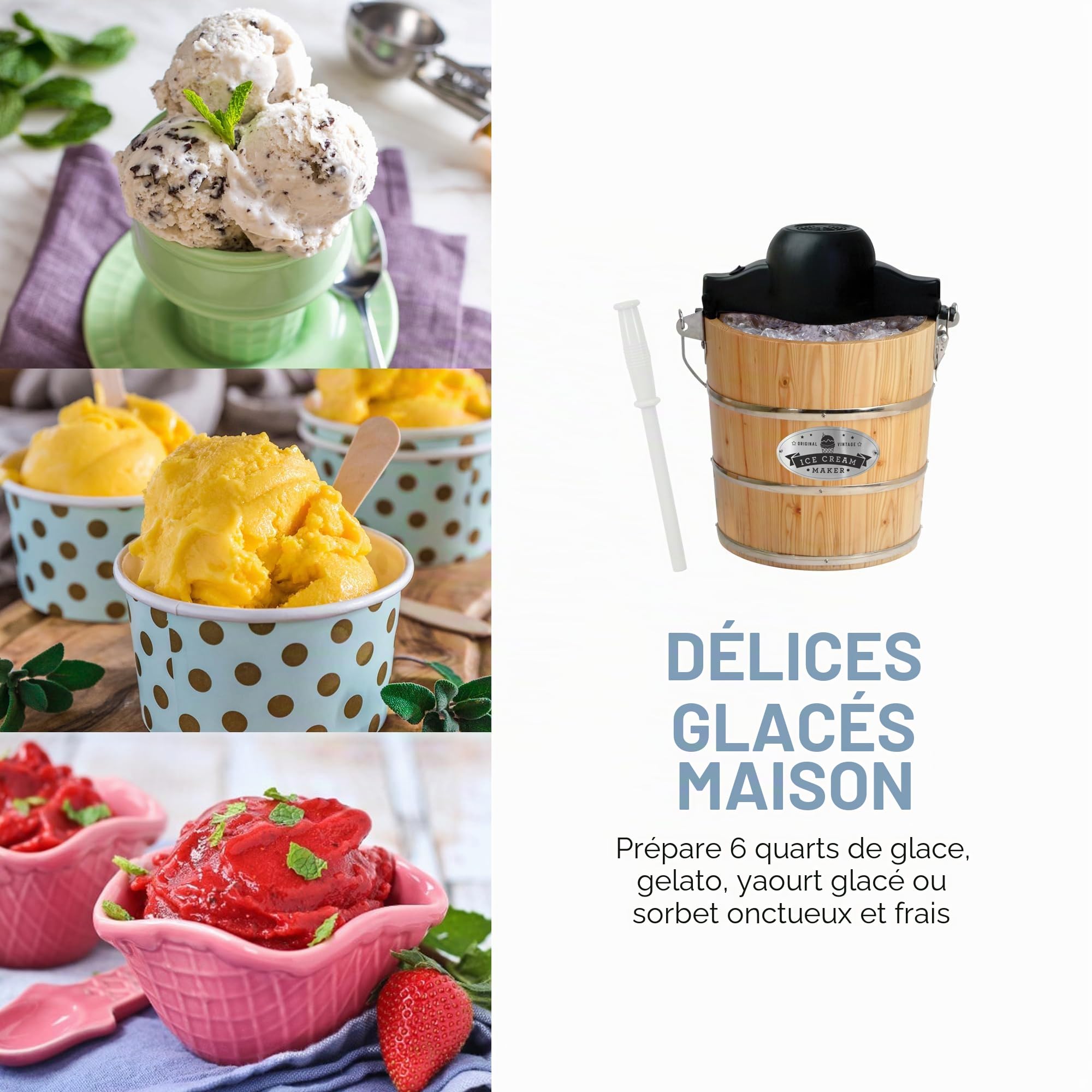 Elite Gourmet EIM916 Sorbetière électrique vintage en bois des Appalaches, 5,7 L, avec manivelle moulée sous pression, préparation de crème glacée avec sel gemme en quelques minutes, pin