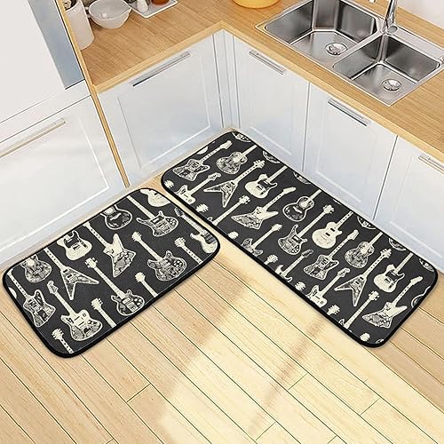 Miniatura 2 de Kitchen Mats for Floor 2 Piece Set Retro Guitars Print, Anti Skid Cushioned Water Absorbent Kitchen Rugs Door Mat Floor Mats for Kitchen Sink