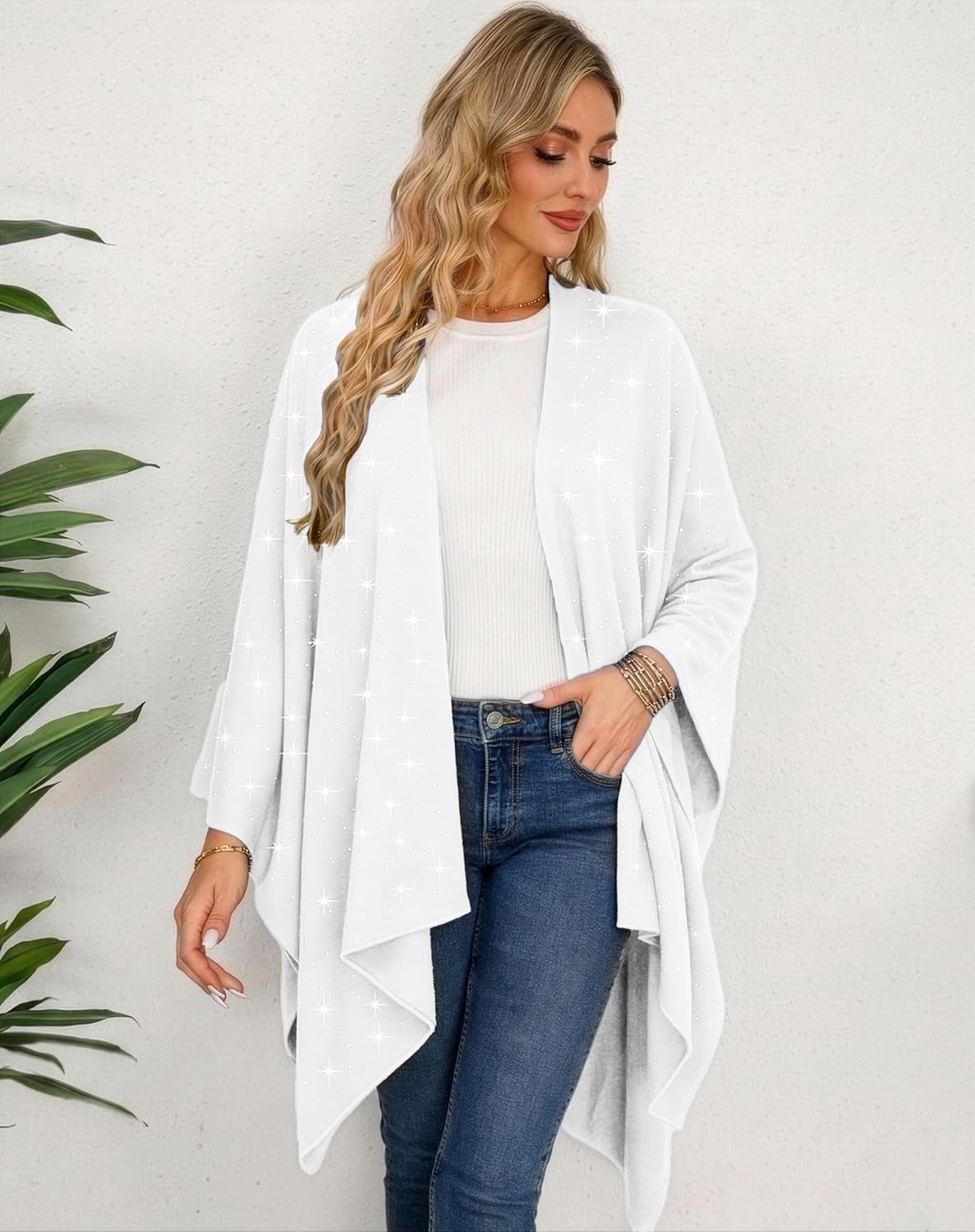 REEMONDE Womens Rhinestones Open Front Poncho Shawl Wrap Cape Ruana Travel Blanket Cardigan