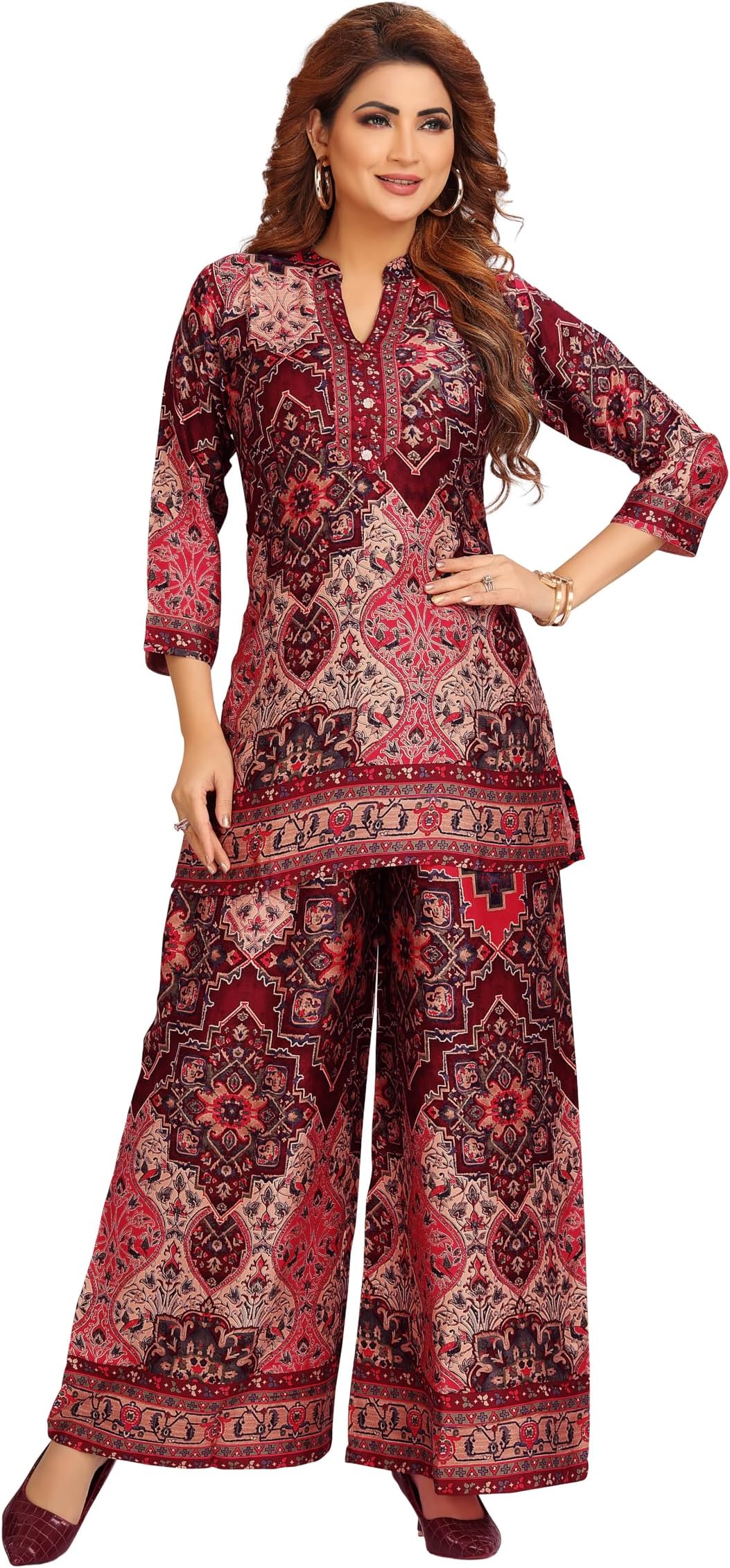 Women’s Printed Rayon Kurti Palazzo Co-ord Set | 2-Piece Tunic Top Kurta - Hand work & Sequins + Wide Palazzo Pants