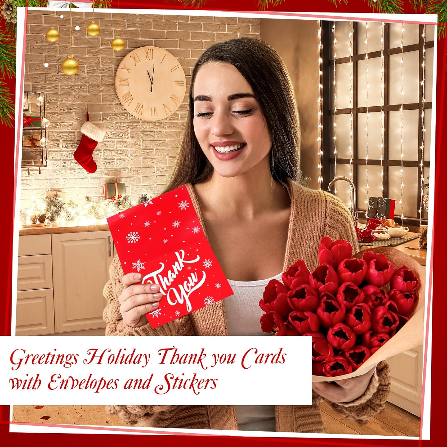 Gueevin 75 Pack Christmas Thank You Cards with Envelopes and Stickers Bulk 5.5 x 4.5 Inch Red Snowflakes Holiday Thank You Notes Christmas Blank Greeting Cards for Xmas Holiday Winter Appreciation