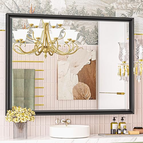 Miniatura 8 de Espejos de baño de 40 x 30 pulgadas para pared, espejo de baño negro, espejo de pared para baño con marco de metal de aleación de aluminio