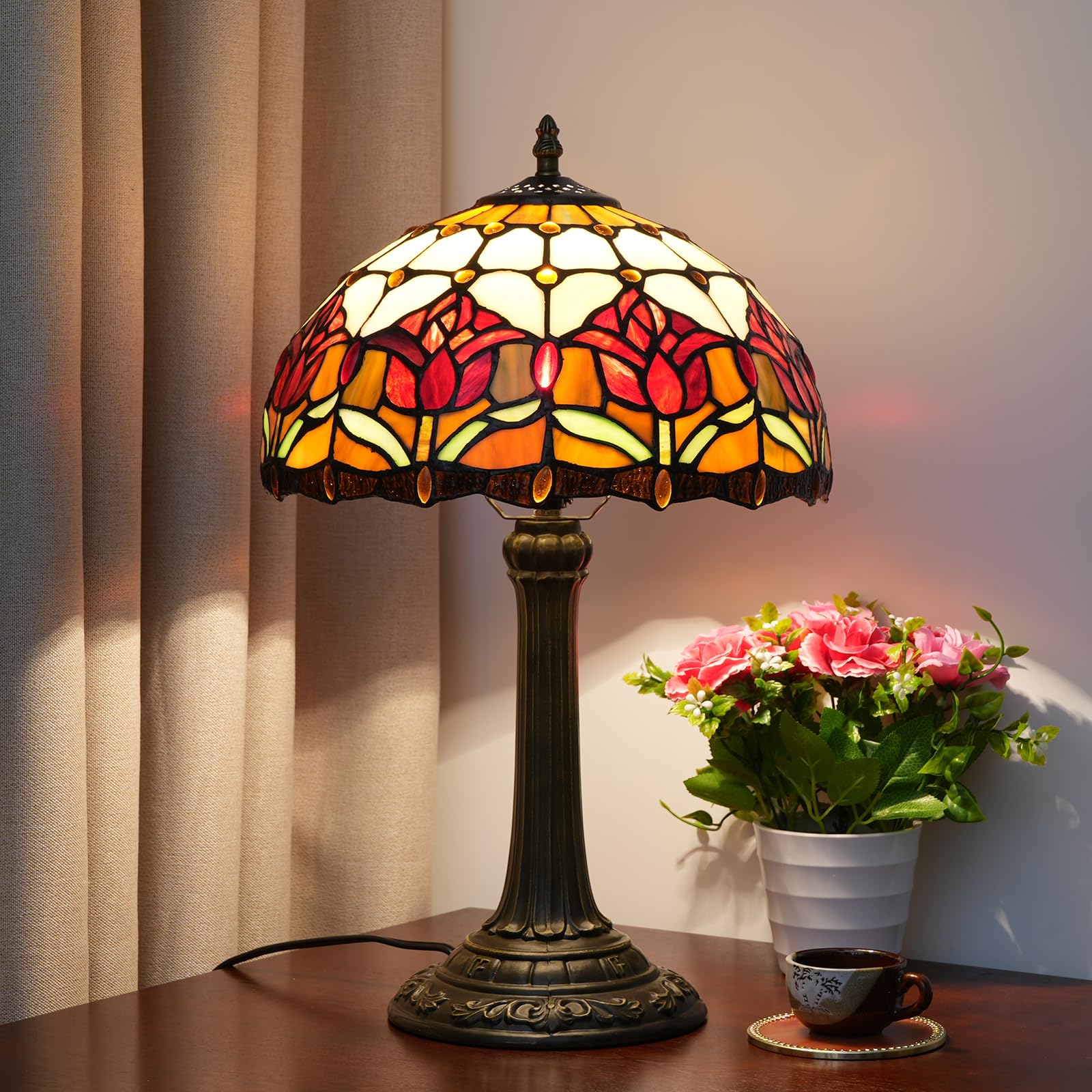 Rote Tulpe Tiffany Stil Bunte Glas Tischlampe Bett Zimmer Nachttisch Leseschreibtisch Licht Für Living Büro Schlafsaal Bar Retro Nette Akzent Dekor 12" Dorf Geschenk Nachttisch Lampen