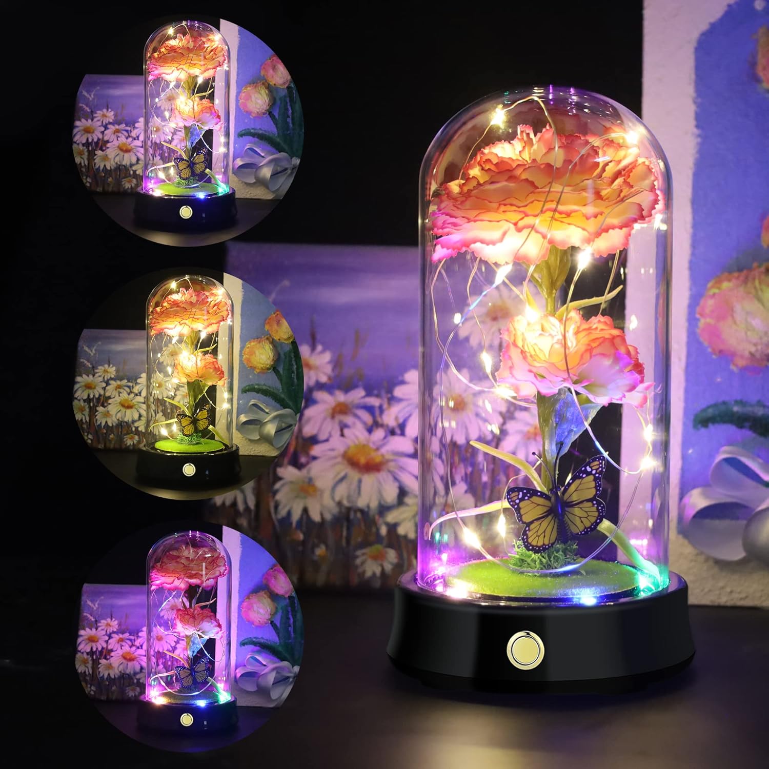 QUELIEN Mothers Day Carnation Flowers Gifts for Mom,Pink Artificial Carnation in Glass Dome with Led Light for Mother's Day,Birthday,Christmas