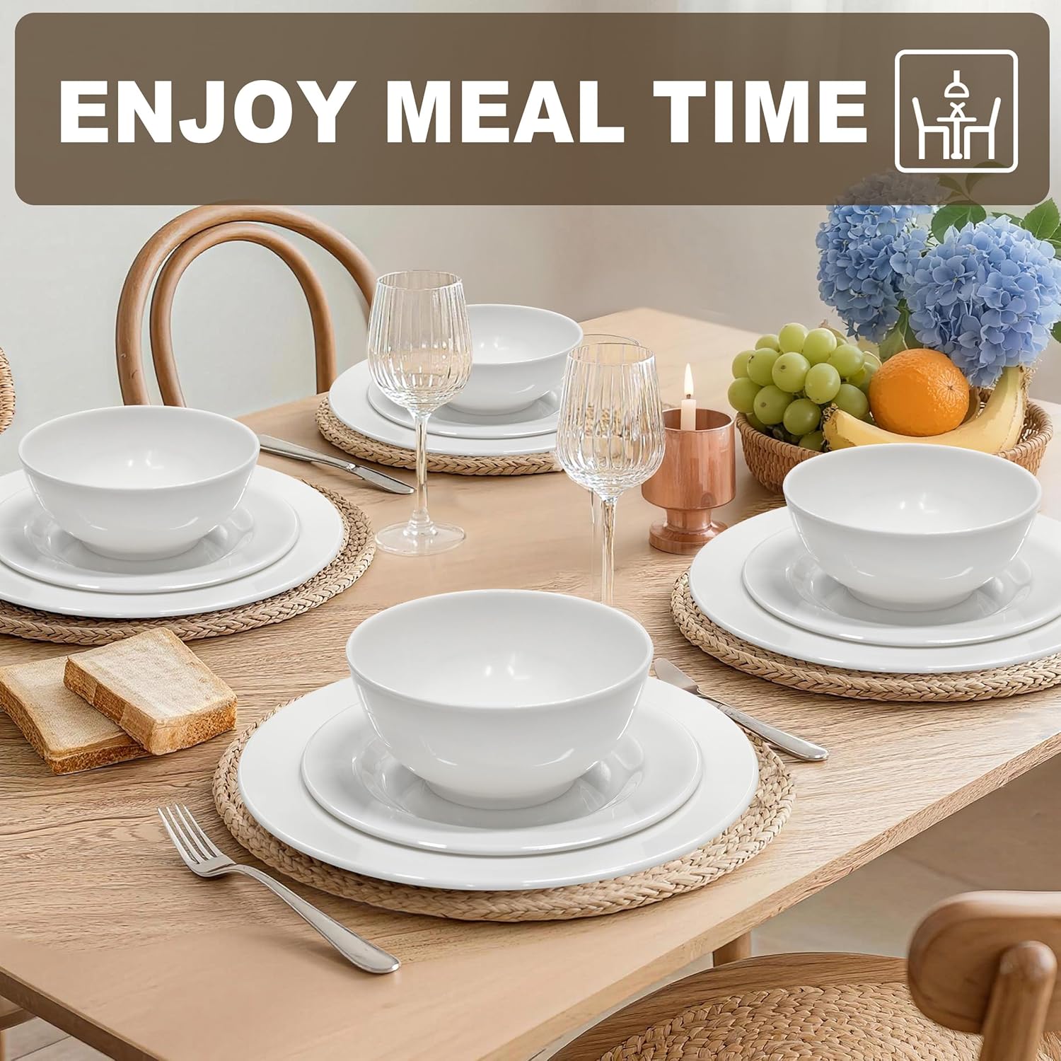 12 Sets 8 Inch Plate Set Unbreakable Lightweight Dessert Plates - White Dinner Plates Dishwasher Safe Outdoor Kitchen Kids Snack Plate Scratch Resistant Reusable Gift For Wedding Home Everyday Use
