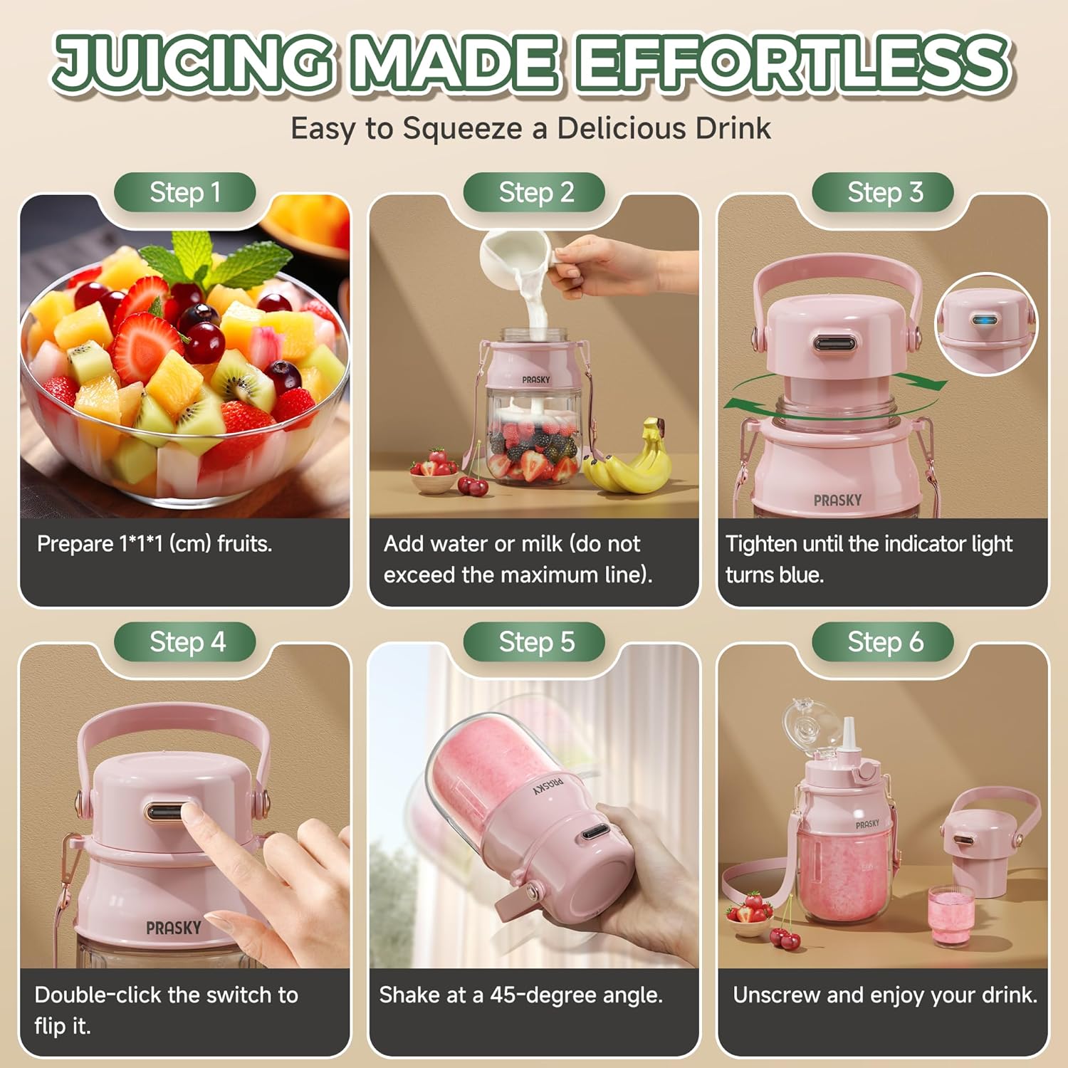 Portable Blender, Prasky Personal Blenders for Shakes and Smoothies with 27oz Cup, Lid and Shoulder Strap, Type-C USB Rechargeable, Personal Size Blenders BPA-free for Travel/Kitchen (Light Pink)