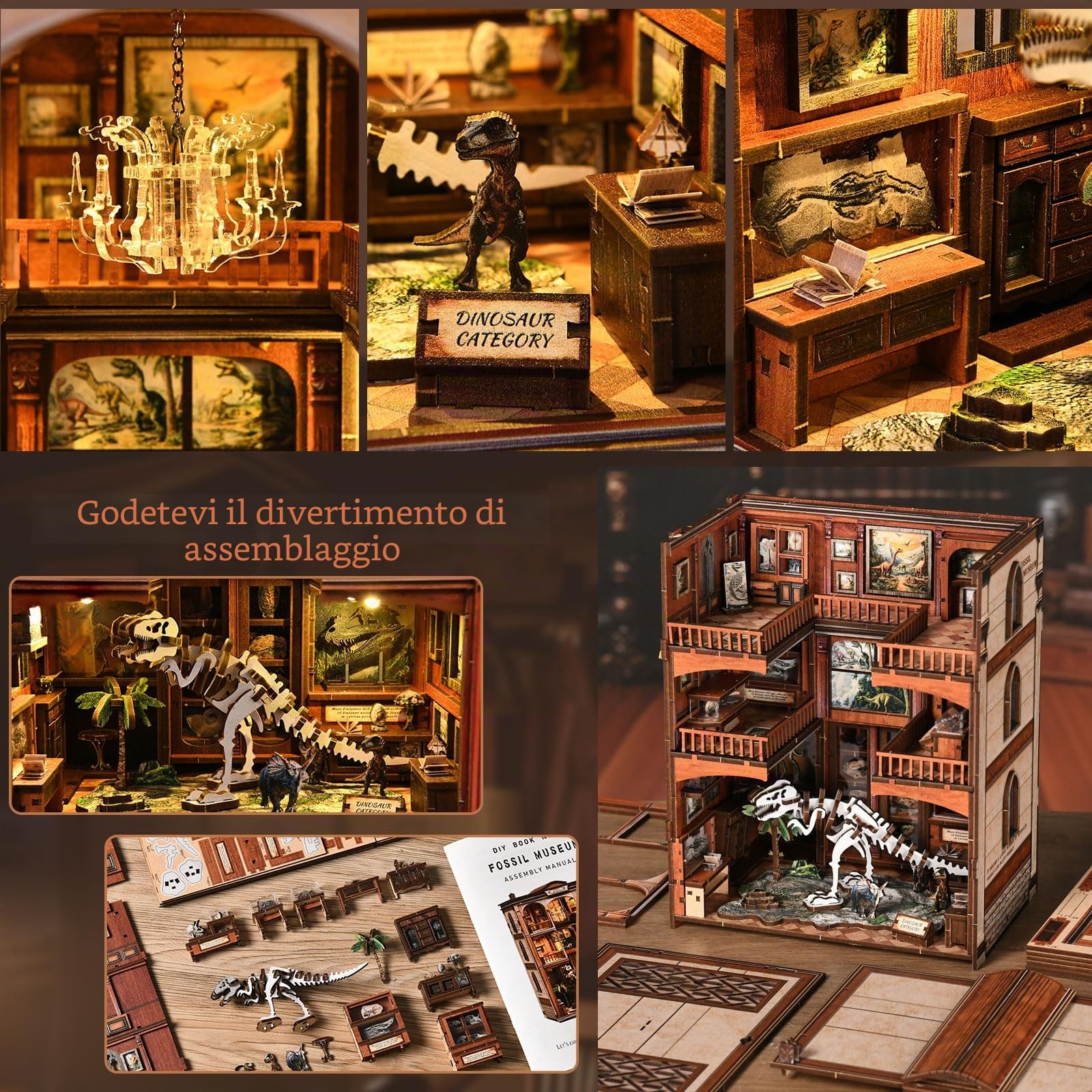 Book Nook Kit-(Tema Dinosauri) Modello in miniatura del Museo dei Fossili, puzzle in legno 3D fai da te con LED, set fai da te per adulti, Idea Regalo Creativa,decorazione per libreria