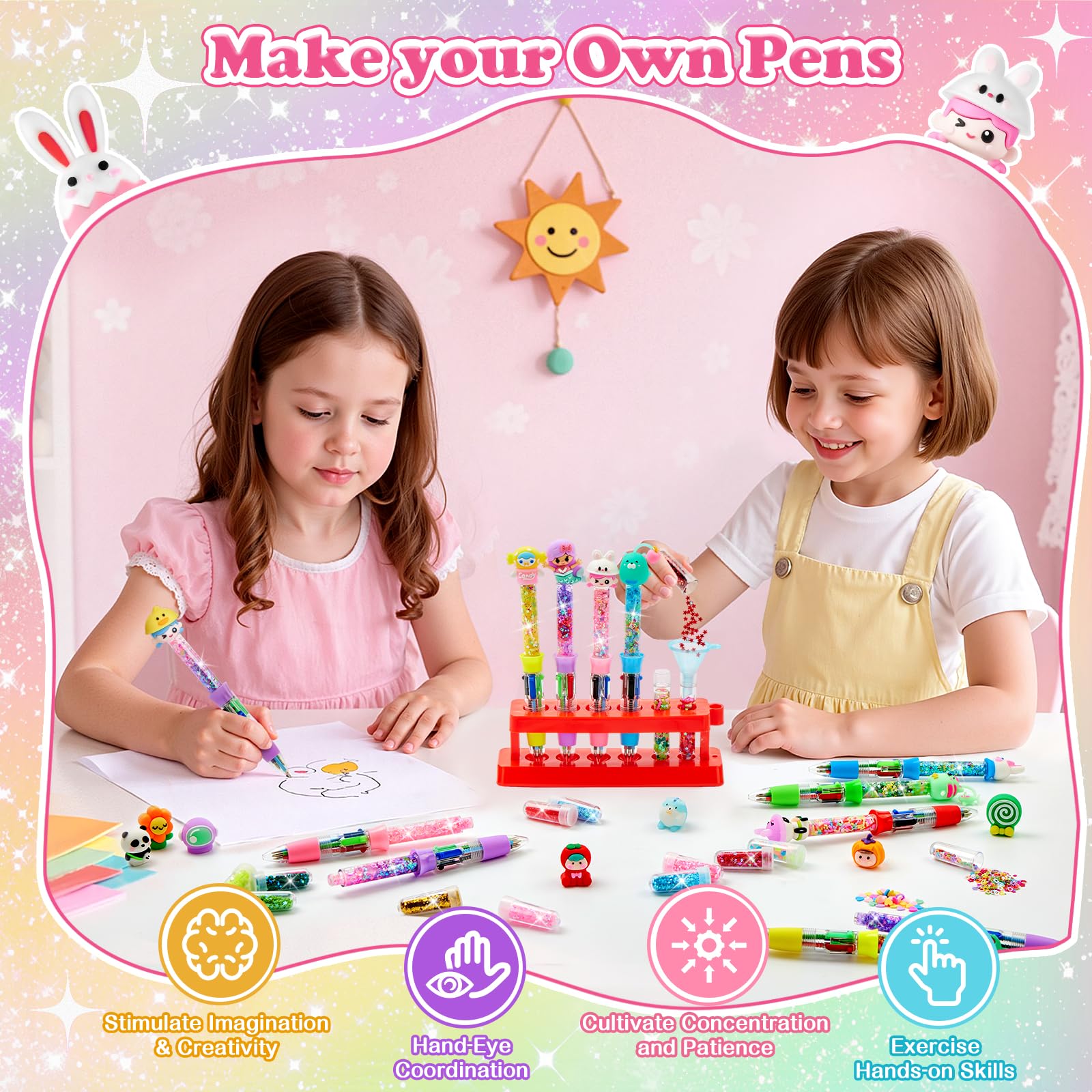 Mon Atelier De Stylos Créatif – Kit DIY 10 Stylos Personnalisables Avec 50 Accessoires (Paillettes, Plumes, Figurines) – Cadeau Enfant 6 Ans Et +