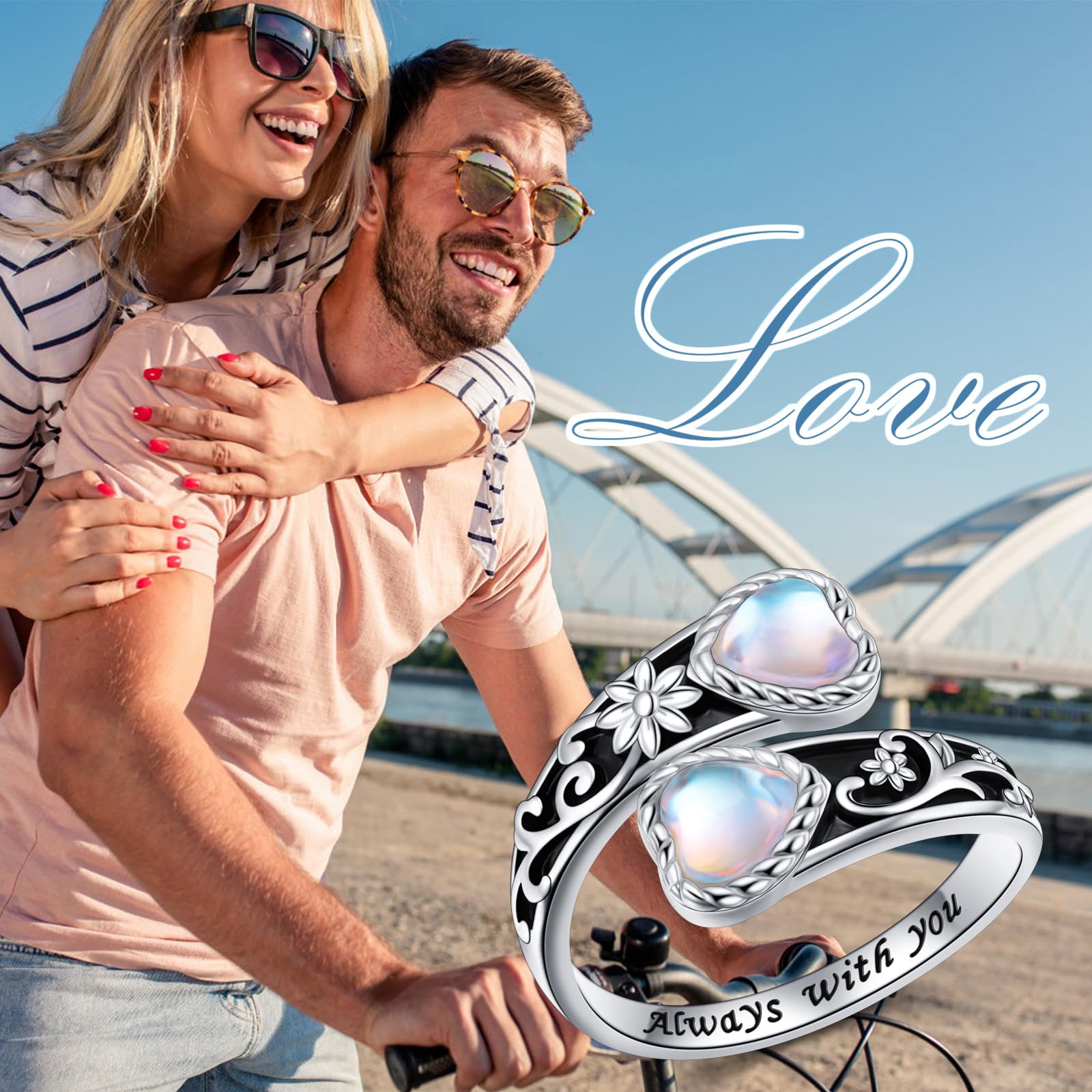 Anillo de plata de ley 925 con forma de corazón y piedra lunar para mujer