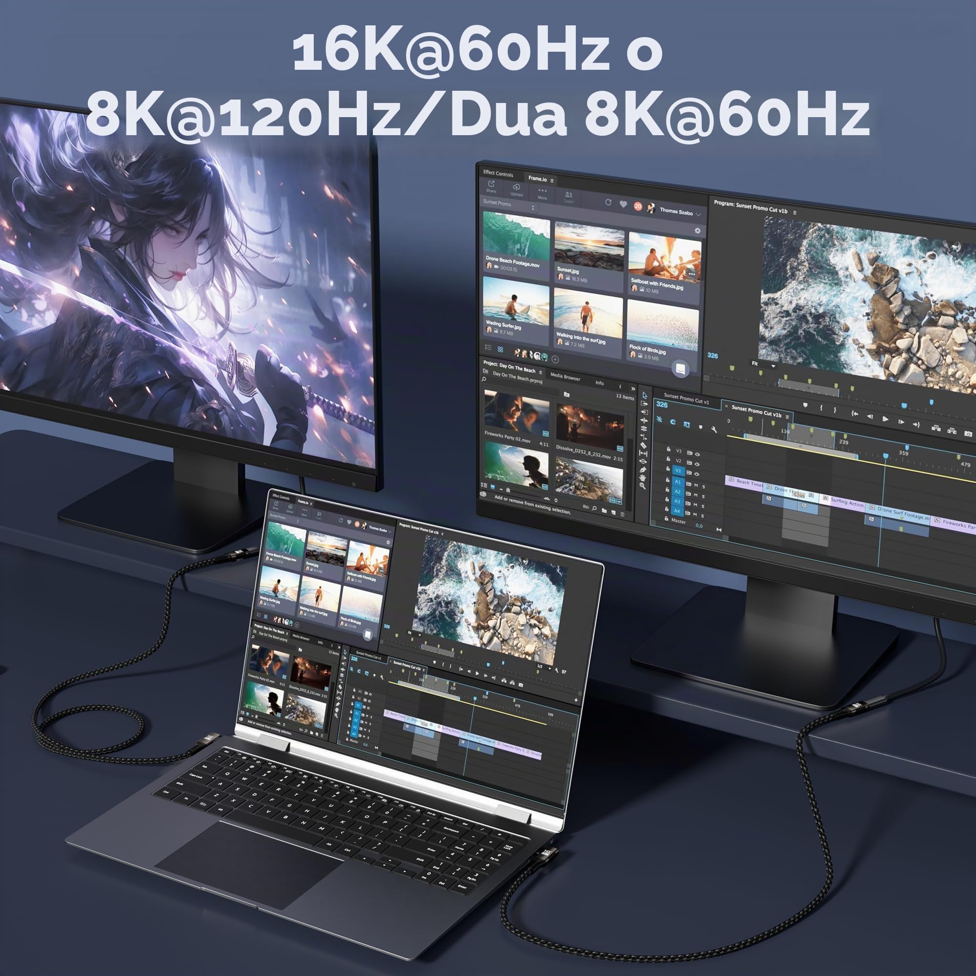Cable Tipo C ángulo recto largo 3 m Compatible Con Thunderbolt 5/4,Cable USB5 80Gbps Transferencia de Datos,90 Grados USBC Carga Rapida 240W,16K@60Hz/8K@120Hz para Display,SSD,Dock,eGPU