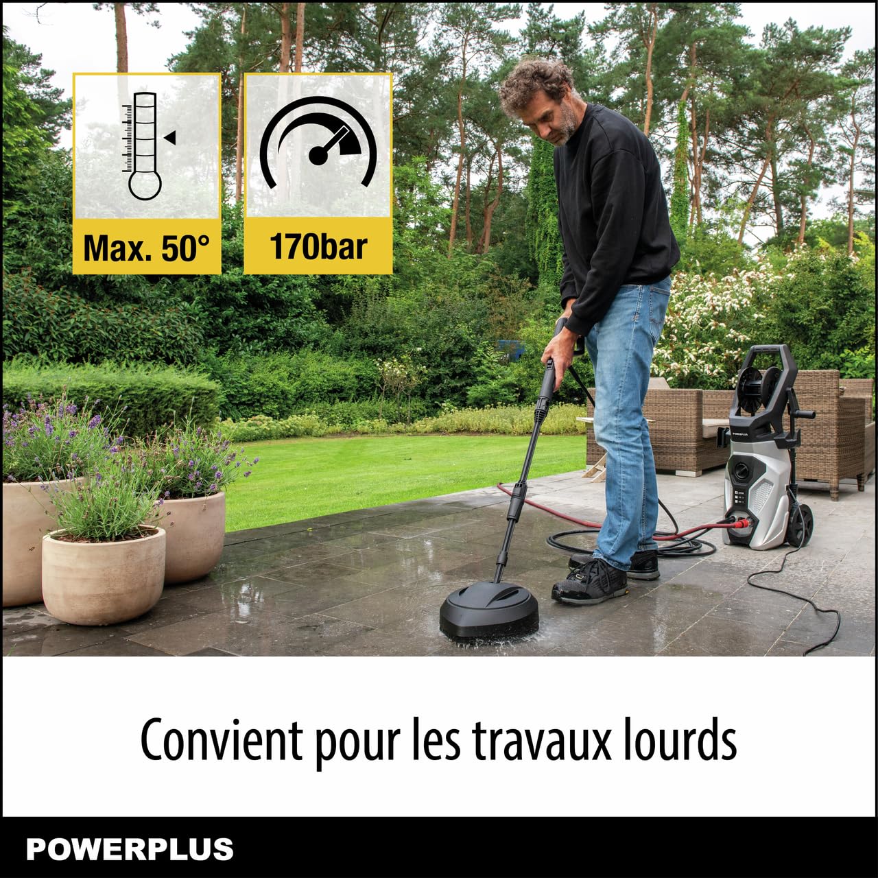 Powerplus Nettoyeur Haute Pression Électrique POWXG90500 - Nettoyeur de Terrasse de 2200 W, Fonction Start/Stop, Pression Max. de 170 Bars et Température de 50°C, Tuyau de 8 m et Accessoires Inclus