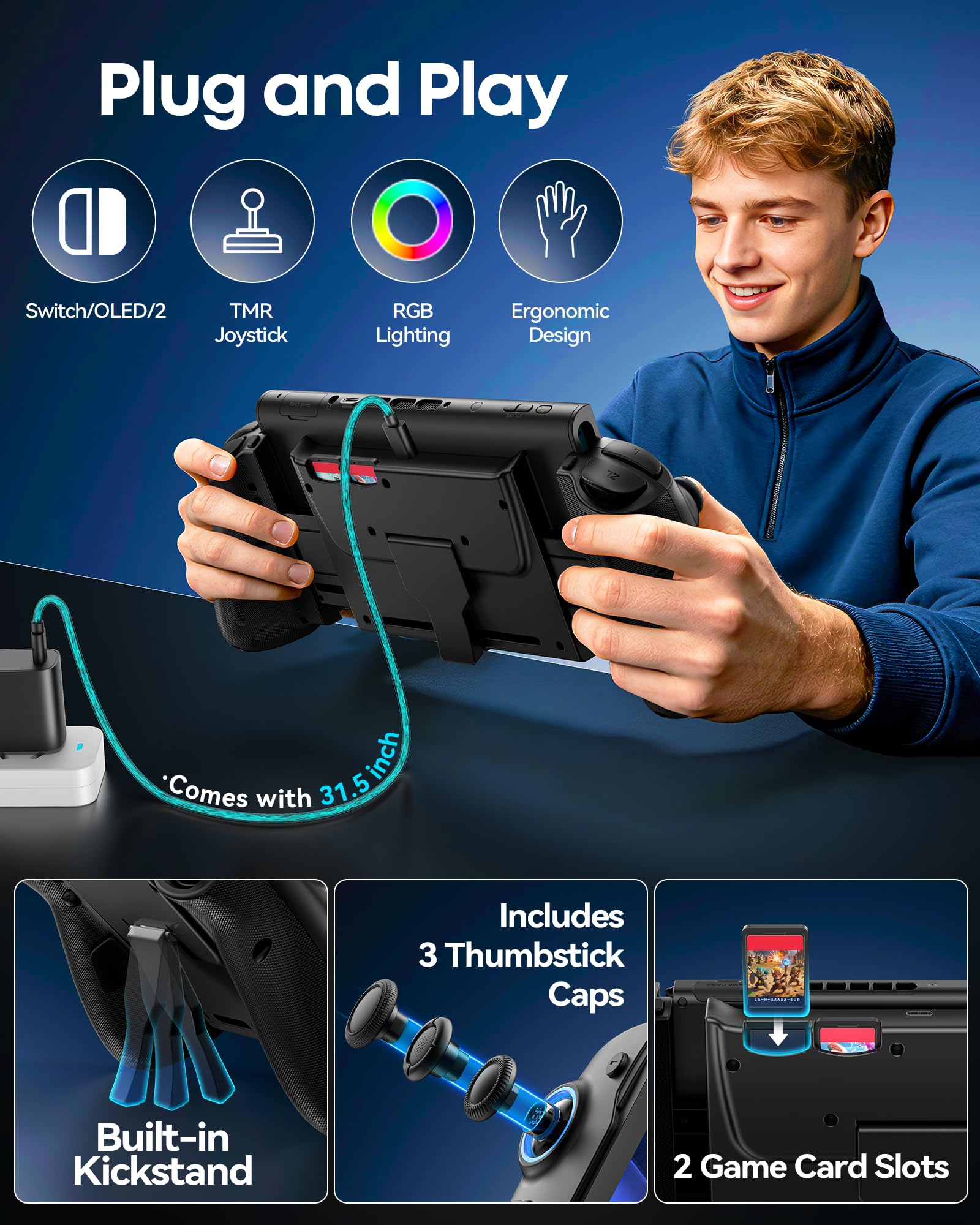 OIVO Manette Extensible Ergonomique pour Nintendo Switch 2/Switch OLED/Switch, Remplacement Joy-Con avec Turbo Auto-Feu & Macro, Double Vibration, Gyroscope 6 Axes, RGB, Poignée Portable Intégrée