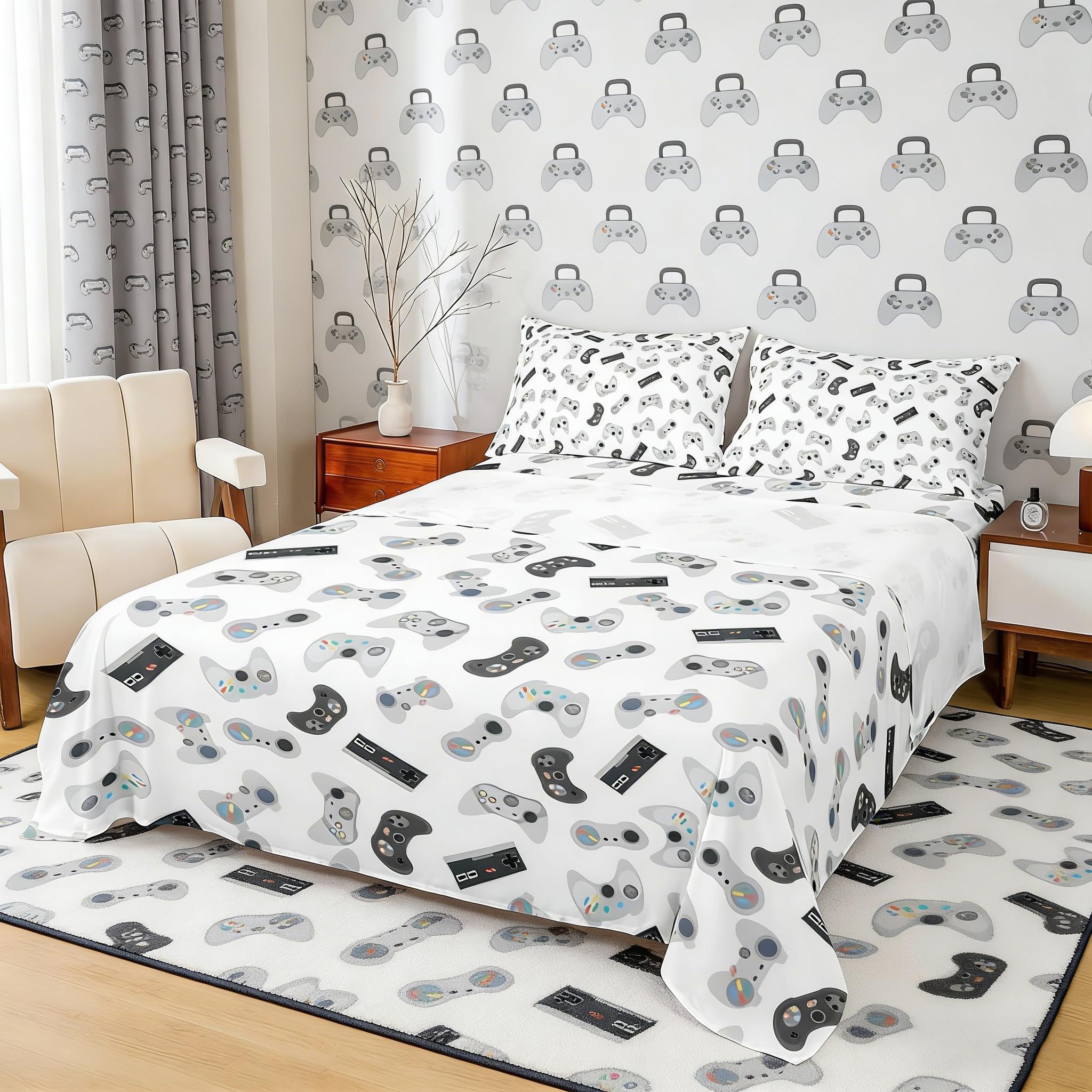 Manfei 4pcs Gamer Bed Sheet Set Queen Size, Black Grey Video Game Sheets for Kids Boys Teens Bedroom Decor, Youth Gaming Bedding Set with Deep Pocket Flat Sheet and 2 Pillowcases