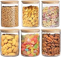 Vista 10 de Paquete de 6 tarros de vidrio para almacenamiento de alimentos con tapas herméticas, tarro de vidrio transparente con tapa de bambú, recipiente