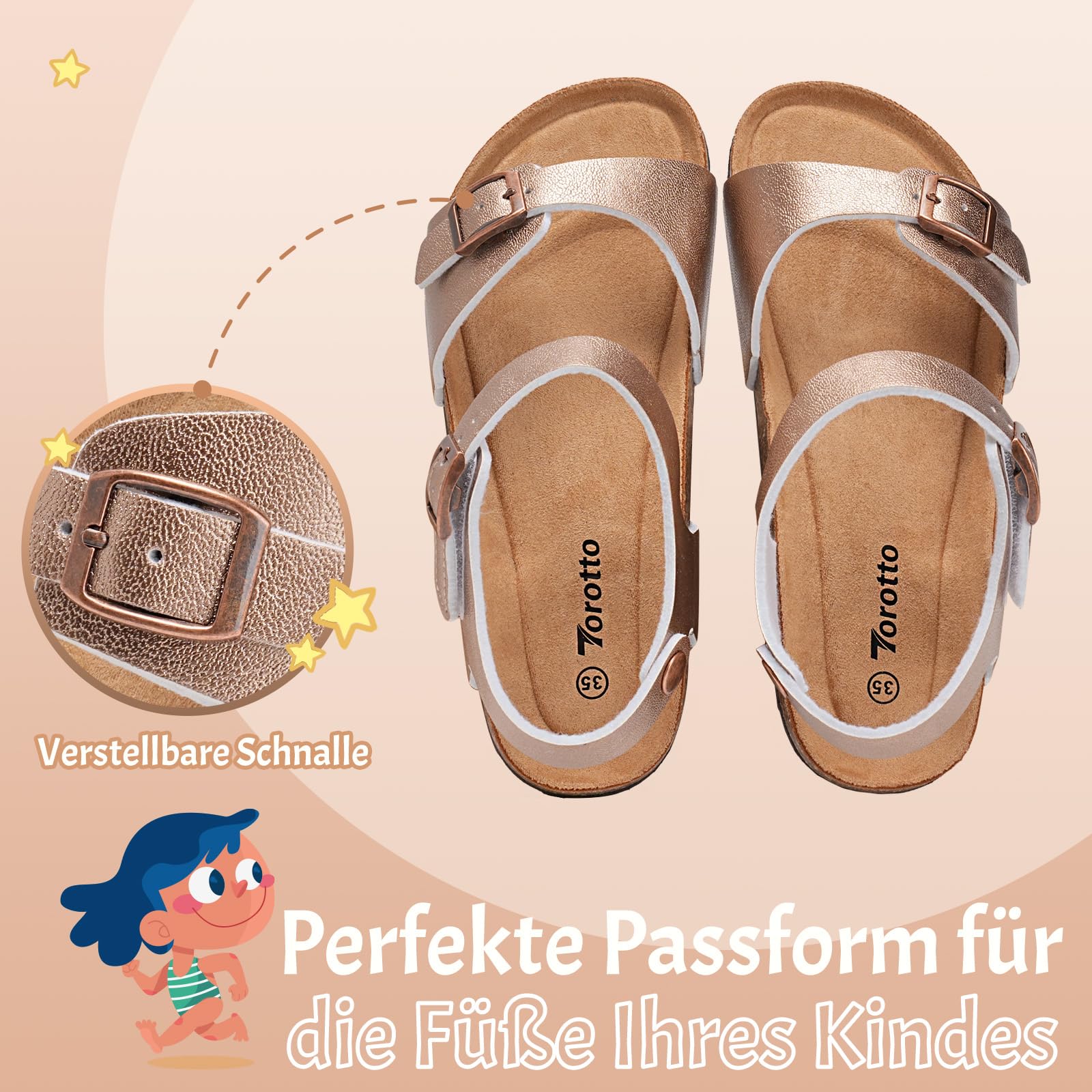 Torotto Sandalen Mädchen Jungen Mit Kork Sandals Kinder Pantoffeln Riemen Verstellbare Schnalle Rutschfeste Mit Klettverschluss Sandaletten für Drinnen und Draußen(Klassisch Gold, 32EU)
