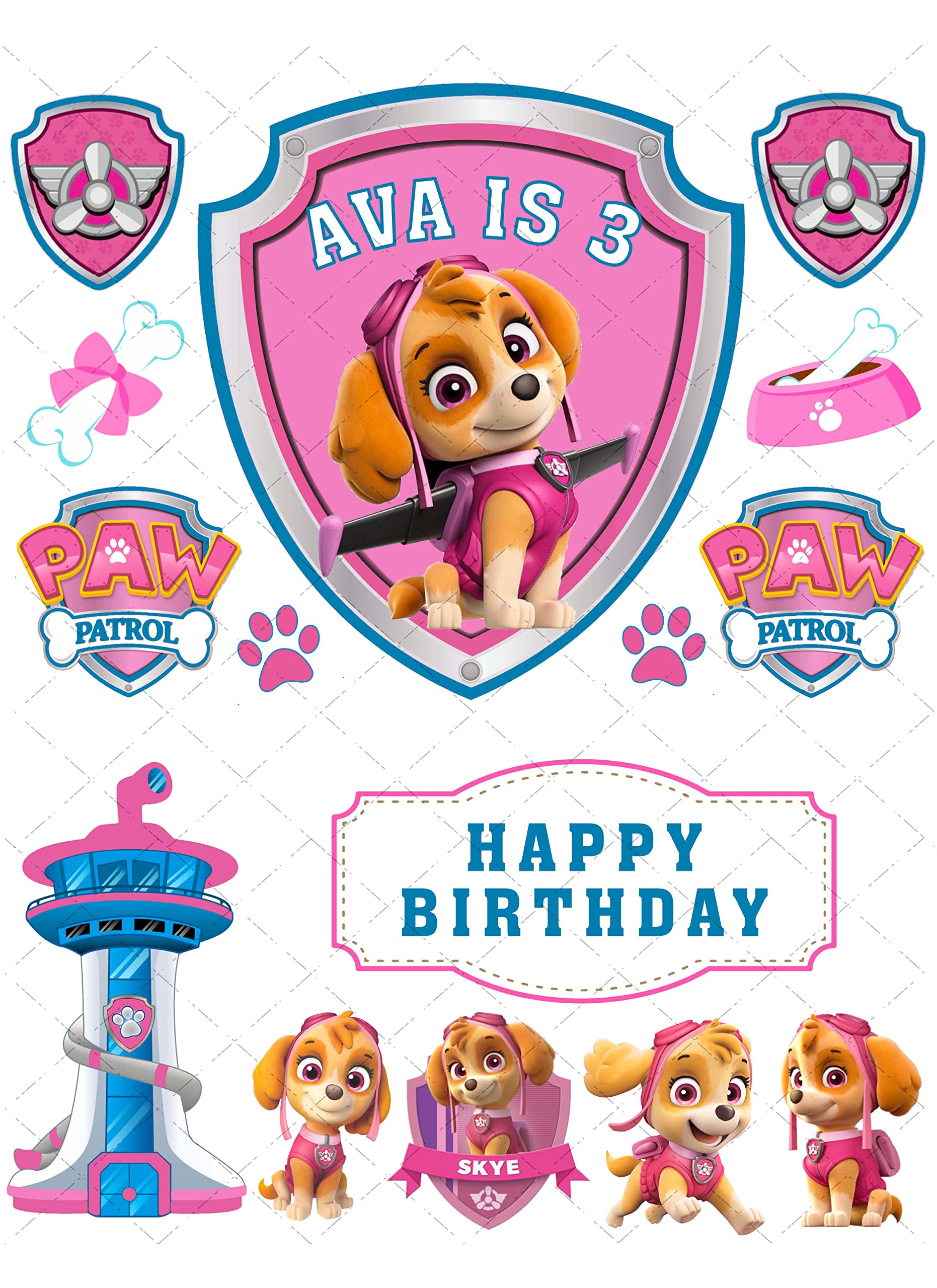 Dog Squad Skye Edible Personalised Icing Cake Topper Decorating Kit/Matching Cupcake Toppers- Happy Birthday