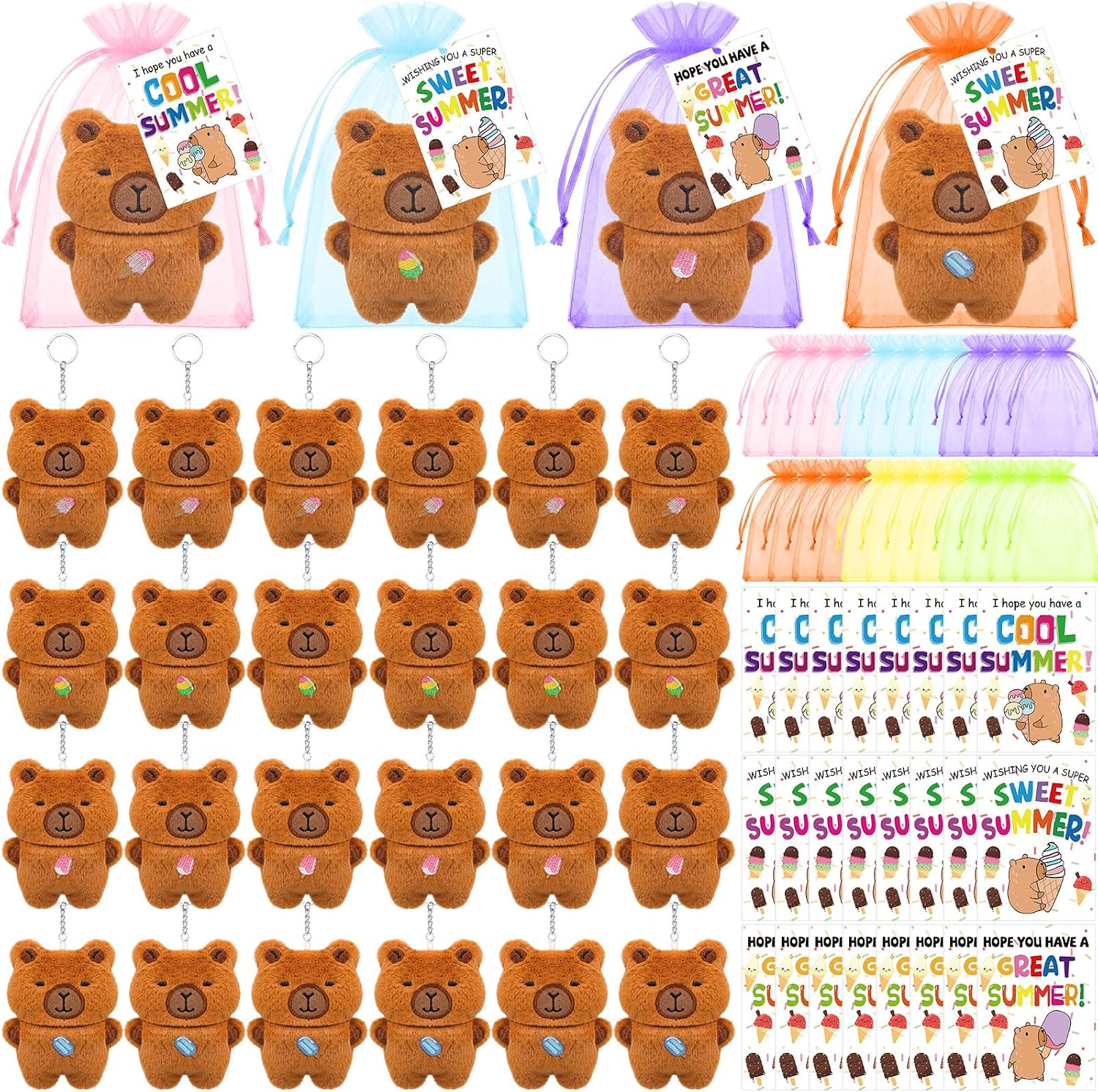 Huquary 24 Set Capybara End of Year Gifts Summer Capybara Plush Keychain Stuffed Animal with Card and Organza Bag from Teacher Summer Vacation Grad Capibara Party Favors Goodie Bag Stuffers(Ice Cream)