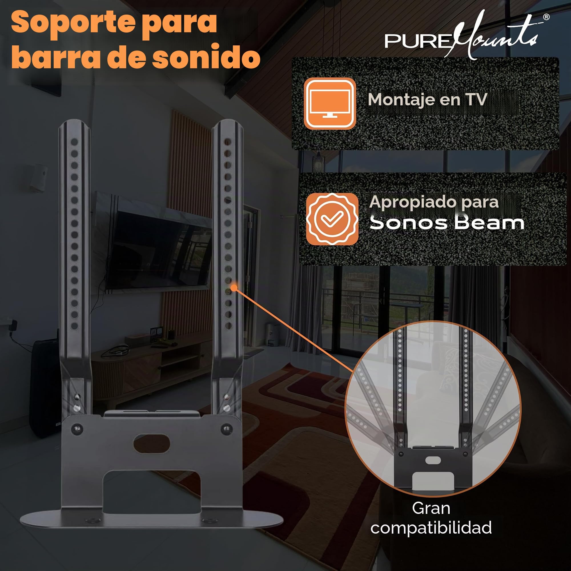 PureMounts PM-SOM-080 para Montaje Directo en TV, Compatible con la Barra de Sonido SONOS Beam, Carga útil: 5 kg, Negro
