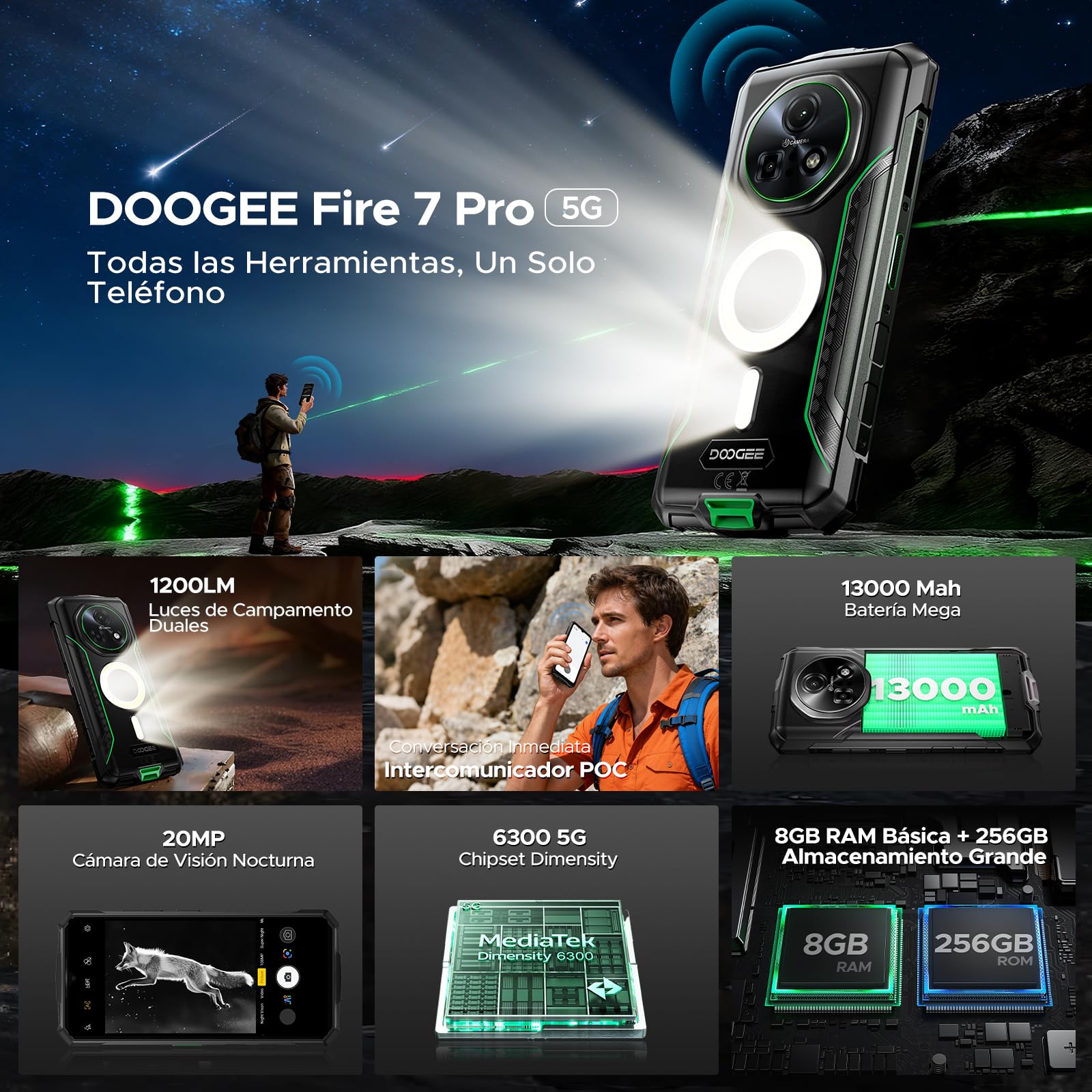FIRE7PRO Móvil Rugerizado 6,6" IPS/90Hz 13000mAh/33W, 32GB+256GB/2TB Android 15 Movil Indestructible, Cámara 64MP+20MP+16MP/Lámpara de 1200LM/NFC/OTG/Face ID/GPS/Movil Irrompible