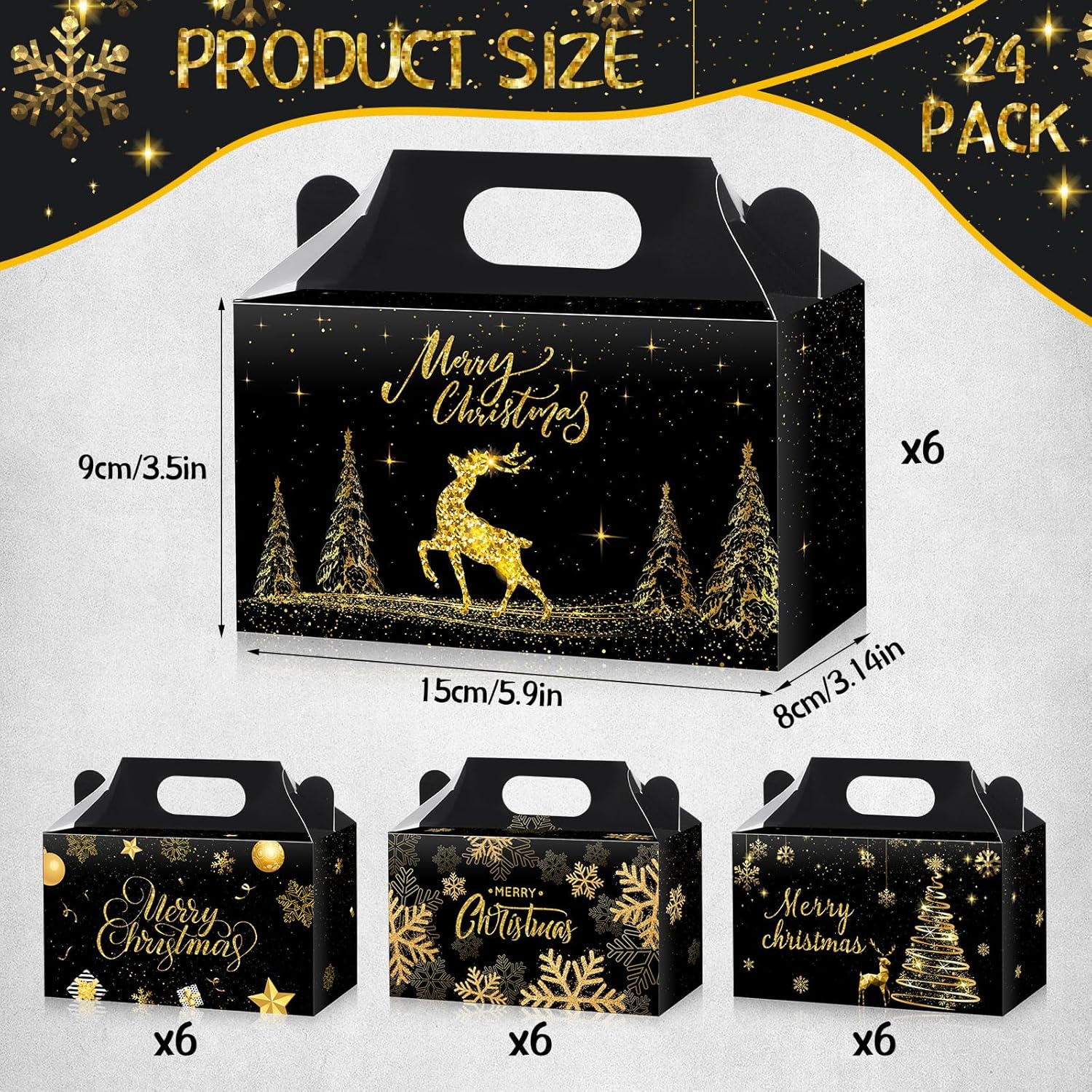 Cholemy 24 Pcs Christmas Candy Boxes Paper Gift Holders Black and Gold Christmas Treat Goodie Boxes with Handle for Gift Giving Holiday Xmas Theme Party Favors Supplies - Image 2