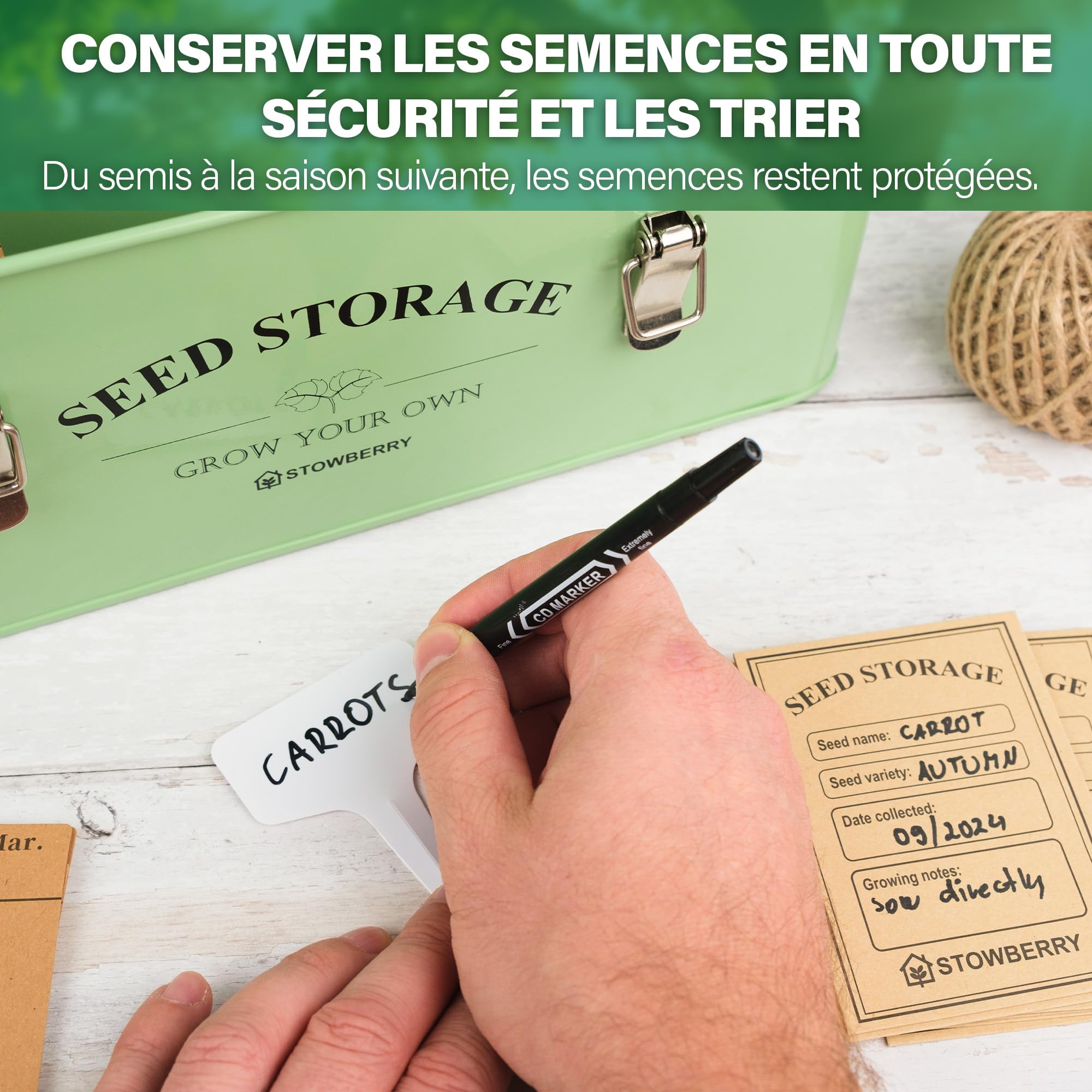 Boîte de rangement pour graines – Boîte à graines Green Garden avec couvercle, poignées, 4 compartiments – Contenant pour sachets de graines – Idée cadeau avec plus de 200 accessoires