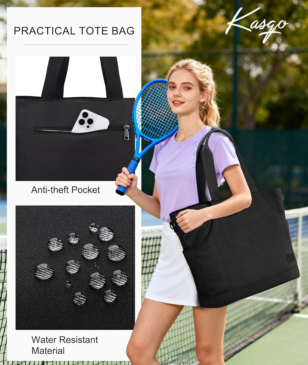 Kasqo Tennis Bags for Women, Large Pickleball Tote Bag Men 2 Rackets Lightweight Crossbody Shoulder Bag for Gym Sport