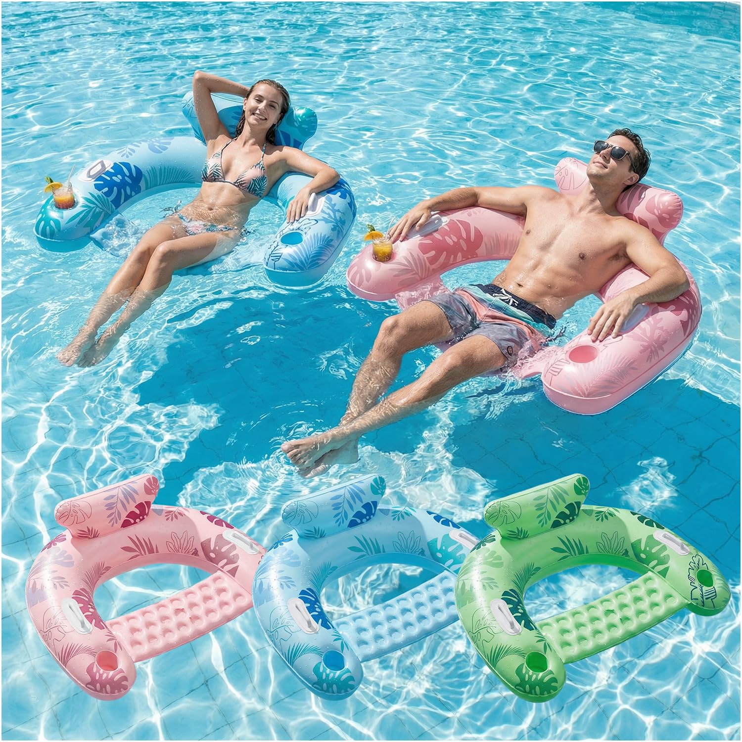 SOLAVERO 3 Pezzi Sedia Gonfiabile Piscina, 119 x 86 cm Amaca Galleggiante con Portabicchieri & Maniglia, Sedie Sdraio Gonfiabile Estate per Rilassarsi, Leggere e Feste in Piscina (Foglia)