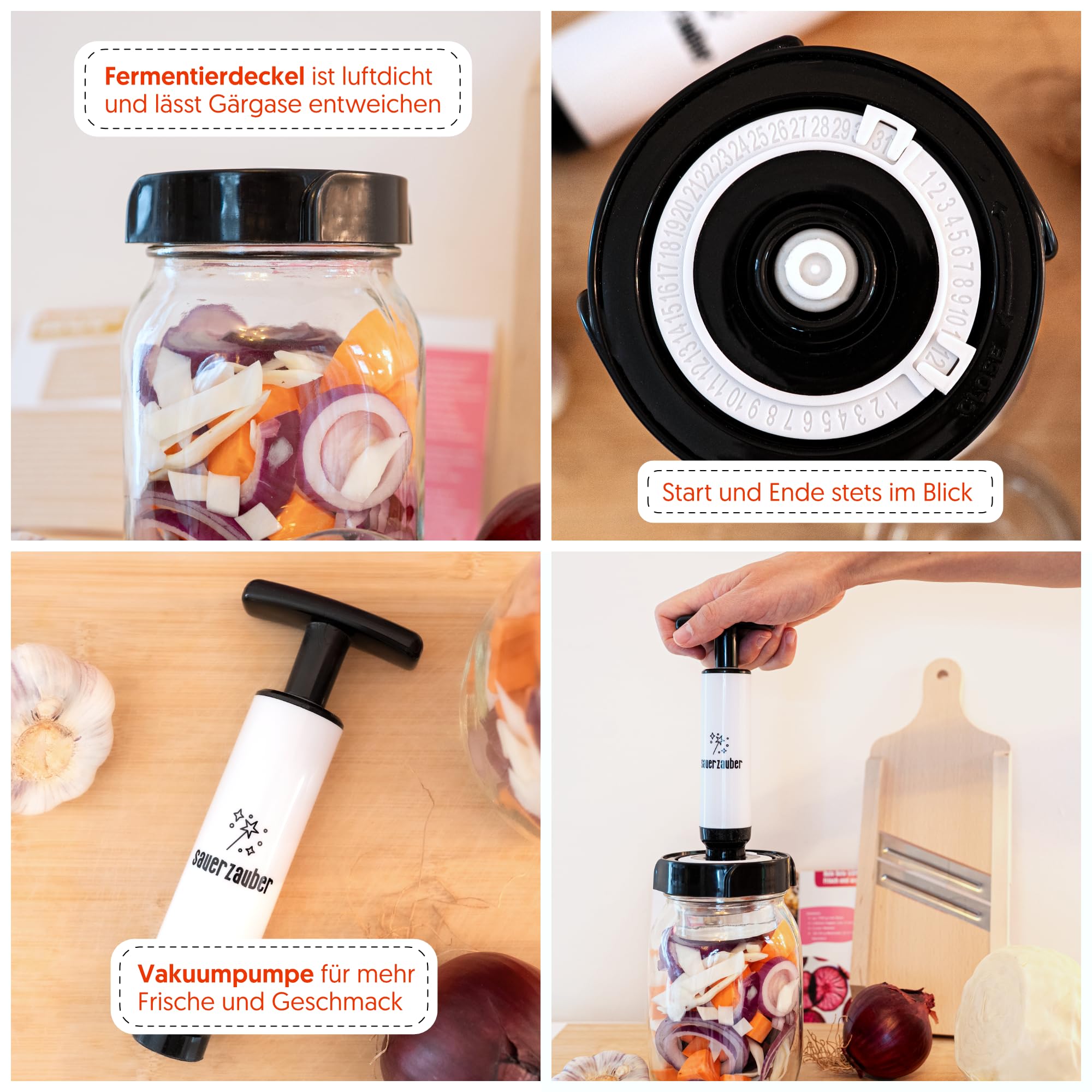 Starterkit Fermentation – großes Fermentierset für Gemüse wie Kimchi, Sauerkraut - 1 L Fermentierglas, Fermentiergewicht, Krauthobel & Zubehör – Fermentieren leicht gemacht.