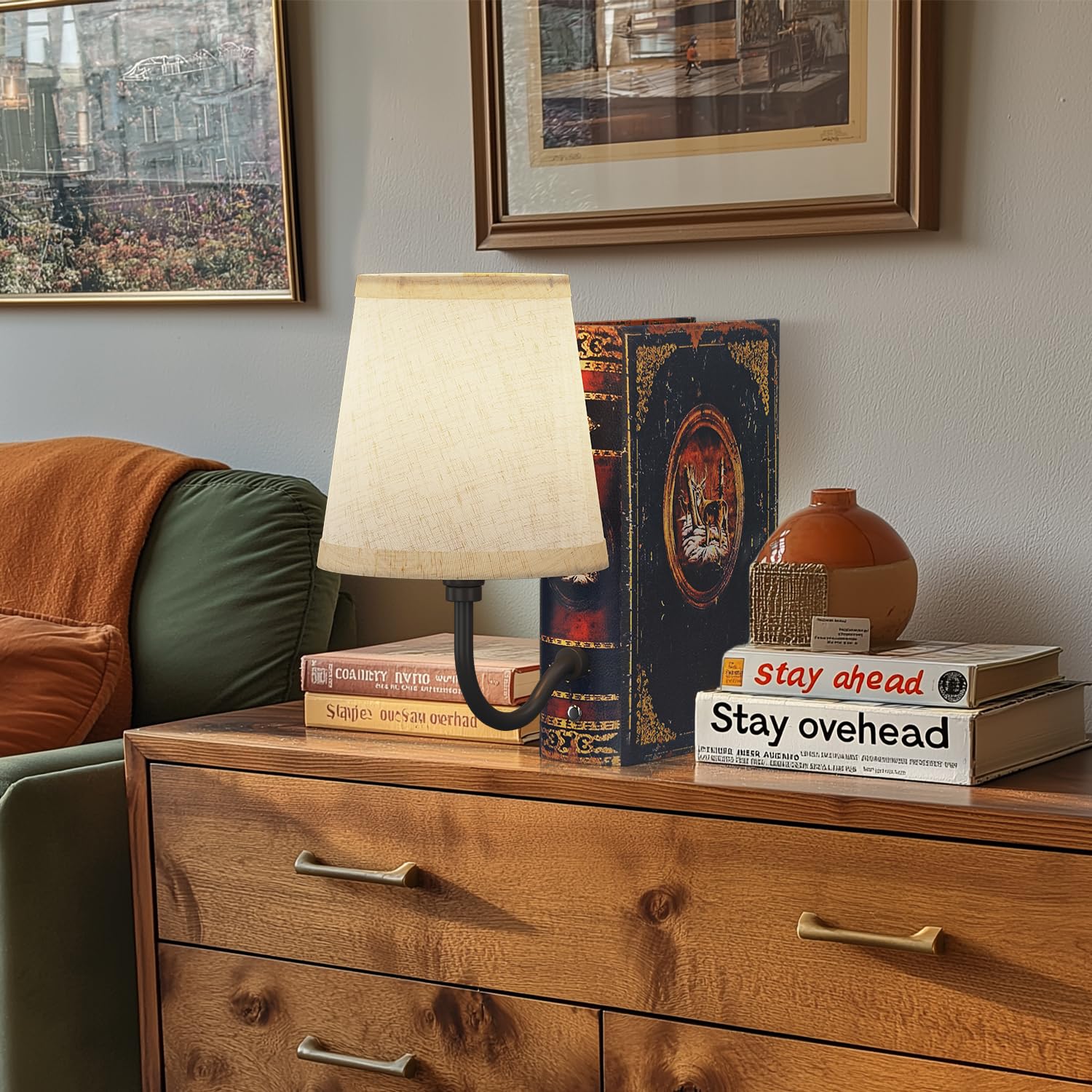 FUNTAPHANTA Gold Warm Light Vintage Bookshelf Lamp – Cordless, Rechargeable, Dimmable Touch Control, Linen Shade, Decorative Bookend For Office & Home