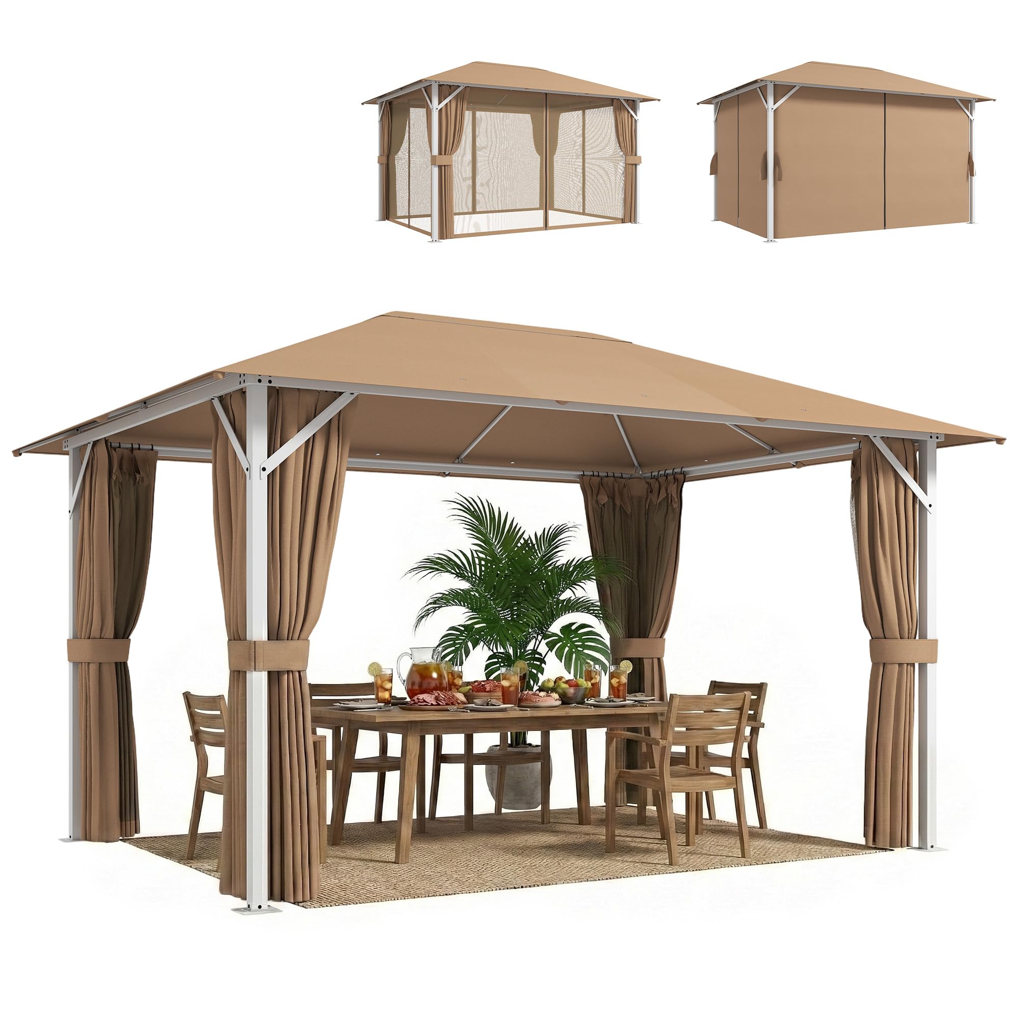 Outsunny Cenador para Jardín 3x4 m, Pabellón de Jardín Gazebo con Techo Ventilado, 4 Paredes Laterales y 4 Mosquiteras, UPF50+, Estructura de Metal, Carpa para Exterior, Terraza, Patio, Caqui