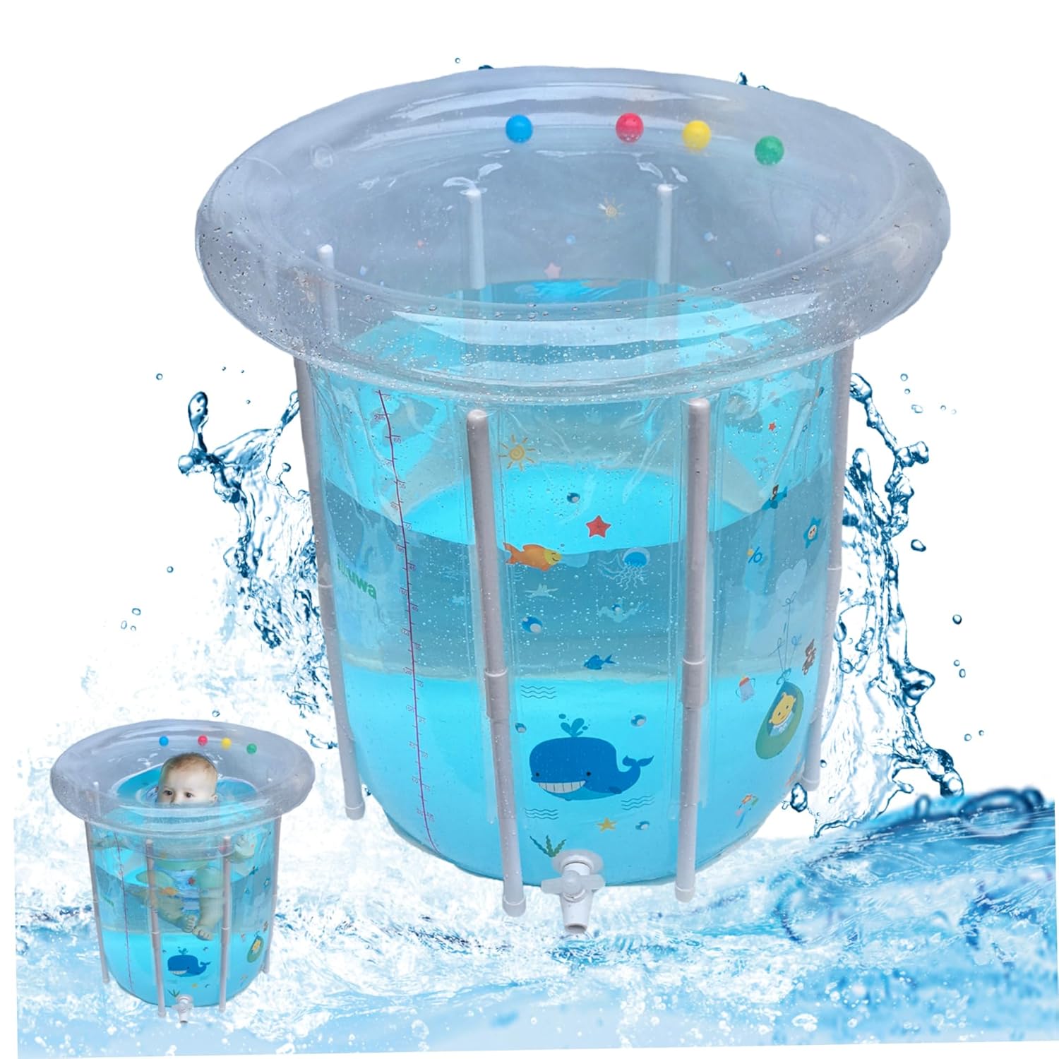 Kiddie Pool 29.5x31.5in Inflatable Baby Pool Cartoon Pattern Baby Swimming with Drainage Transparent Sealed PVC Cooling Todd