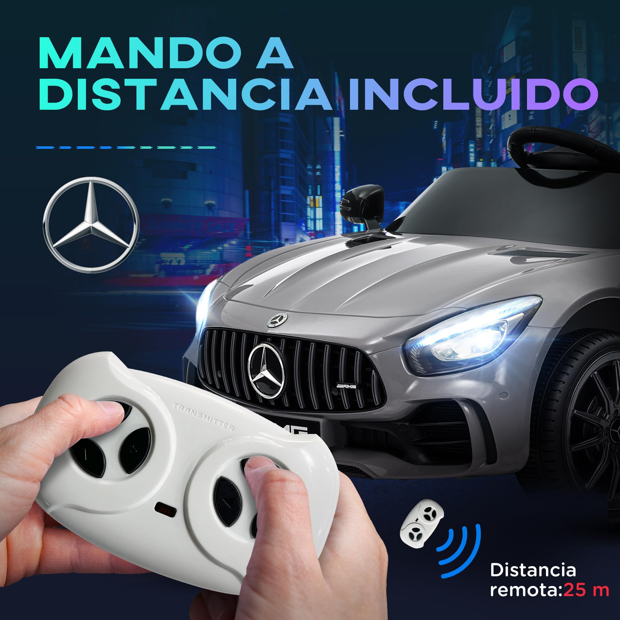 AIYAPLAY Coche Eléctrico para Niños de +3 Años Mercedes-Benz AMG GTR Carro Eléctrico Infantil con Batería 12V Mando a Distancia Faros Bocina Música MP3 Arranque Lento y Pantalla Plata