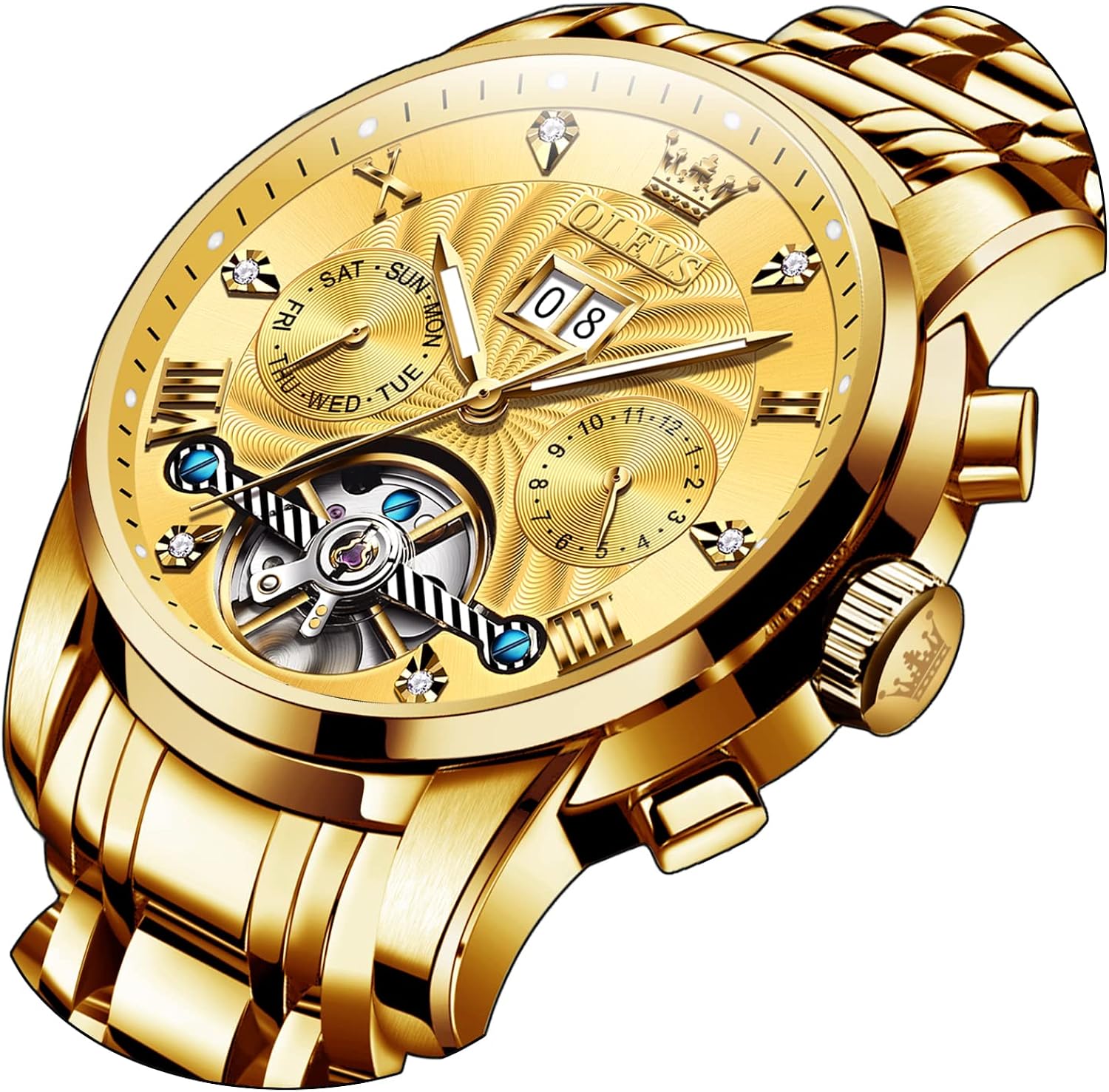 OLEVS Gold Automatic Mechanical Luxury Dress Tourbillon Wrist Watches for Men