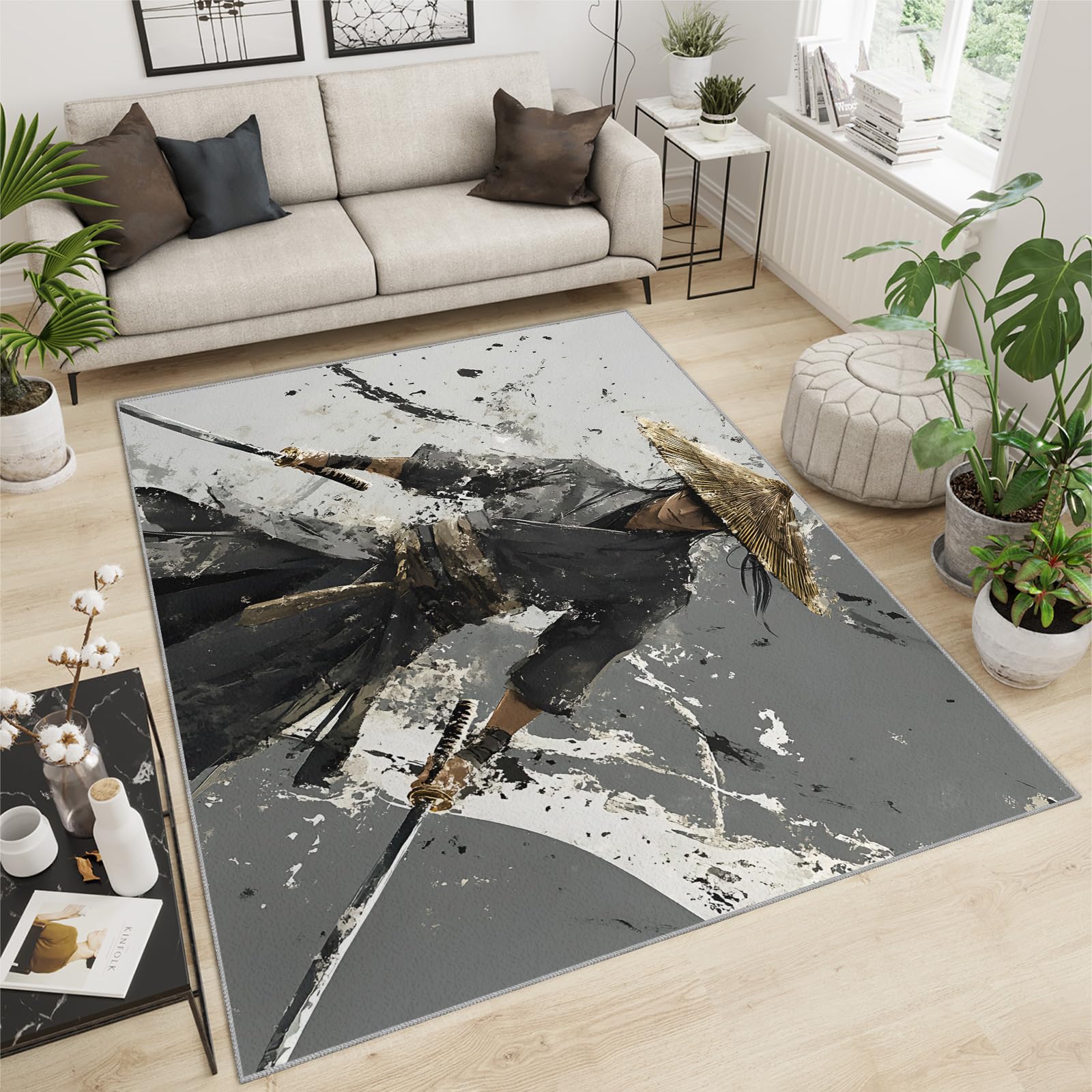 Tapis japonais pour chambre à coucher - Tapis samouraï pour salon, tapis de jeu, décoration d'intérieur pour enfants, cadeau pour garçon, 100 x 150 cm