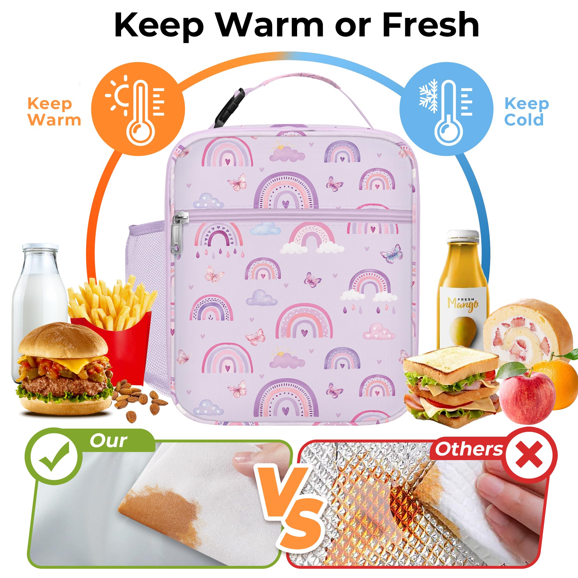 Mibasies Lonchera Para Niñas Con Diseño De Gato Arcoíris Con Soporte Para Botella De Agua, Color Rosa Y Azul Arcoíris