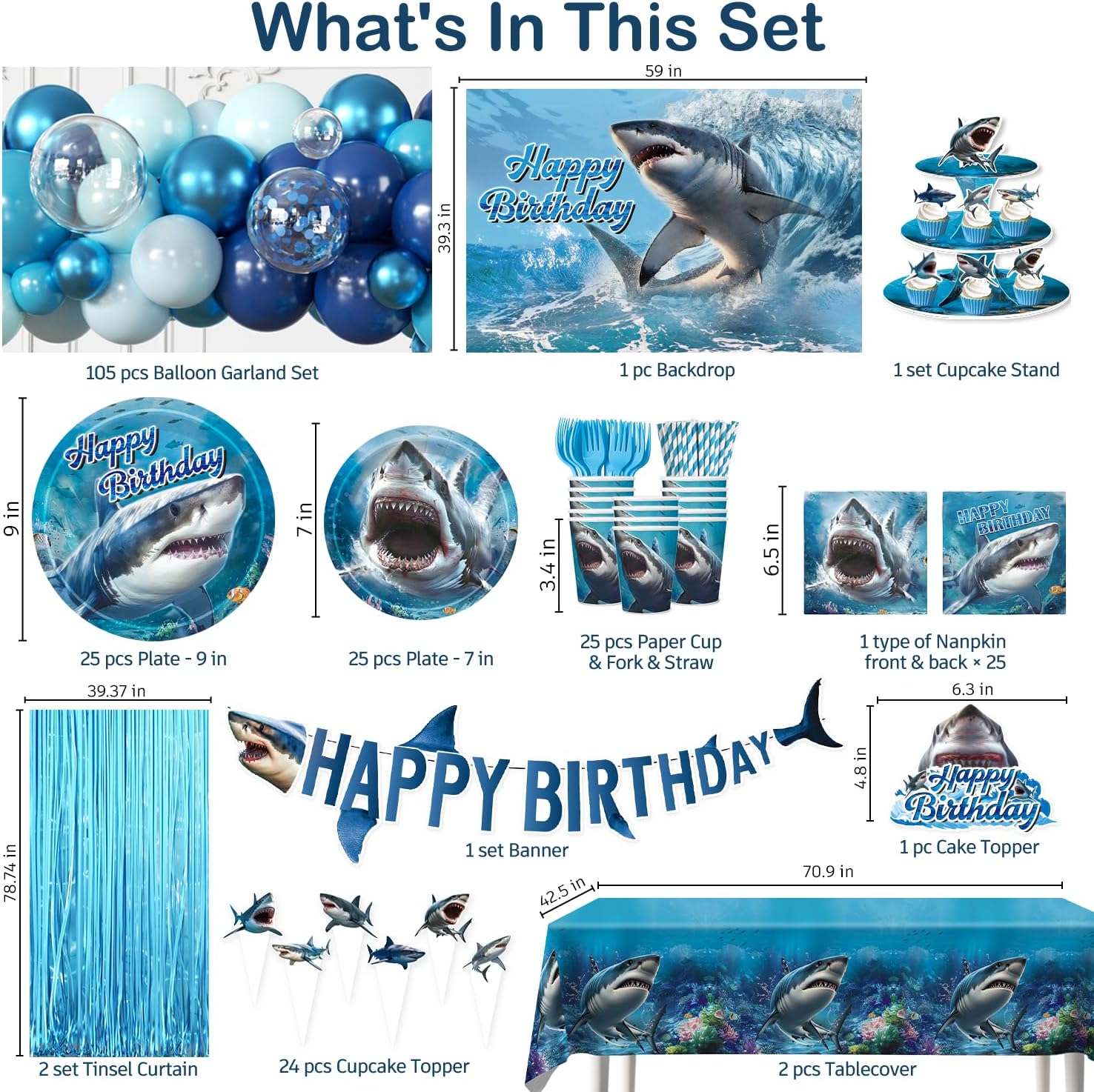 287pcs Shark Birthday Party Decorations Complete Party Set, Serves 25 Guests, Shark Birthday Decorations includes Banner Balloon Arch Backdrop Plates Tablecloth, for Shark-theme Party