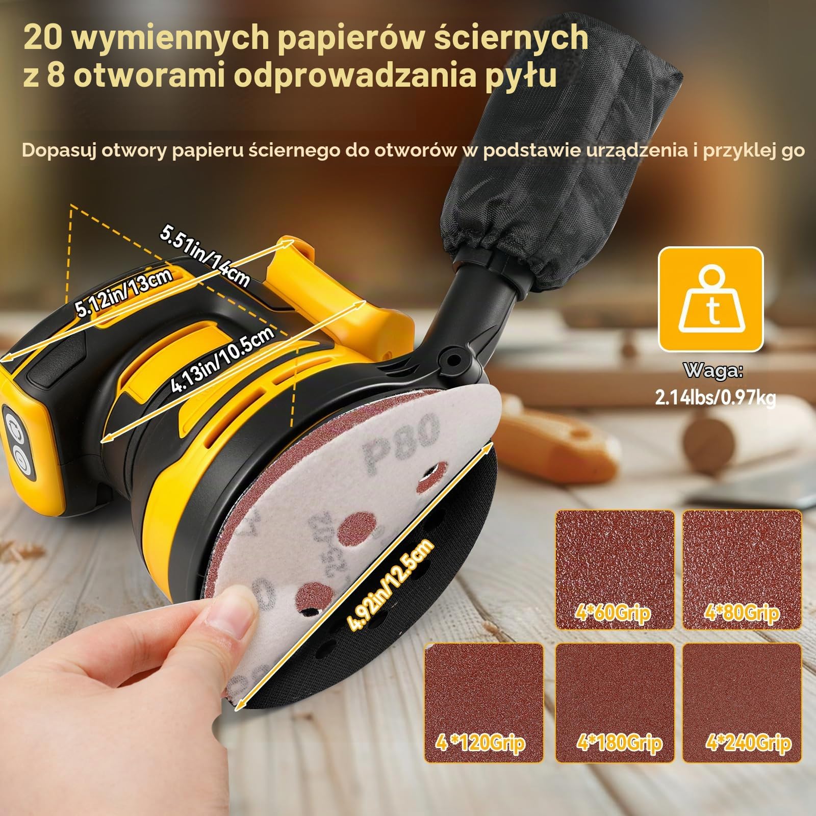 Szlifierka z losowym obiegiem, bezprzewodowa szlifierka kołowa kompatybilna z akumulatorami 20V DEWALT bezszczotkowa 11000 RPM z torbą na kurz, osłoną przeciwpyłową i 20 szt. papieru ściernego do