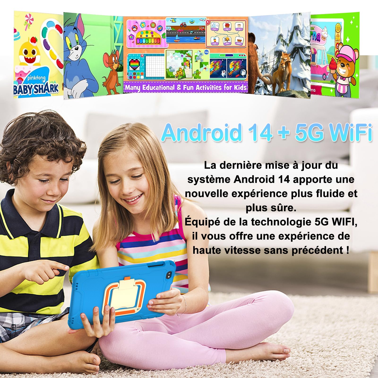 Tablette enfants 10 Pouces Android, 22GO + 128 GO (TF 1TO), WiFi 6, 8000 mAh, Widevine L1,GPS, Face ID, Octa-Core, Contrôle Parental, EVA Étui de Protection Antichoc, 360° Rotatif Support - Bleu