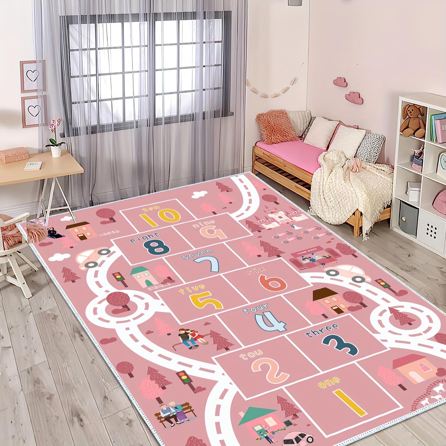 Bycmuoz Pink Hopscotch Play Mat, 140x200cm, City Life Road Kids Rug for Girls Bedroom, Pet Friendly Low Pile Non-Shedding Mat Breathable Accent Rugs for Bedroom Decor Nursery โ image 1