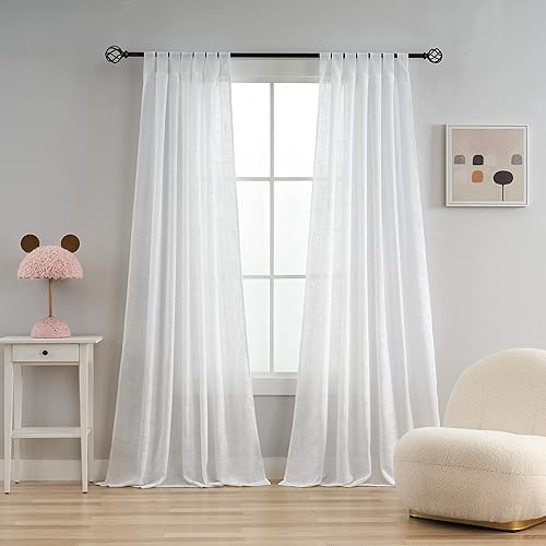 Miniatura 2 de VOILYBIRD Cortinas semitraslúcidas de lino blanco con pestaña superior, filtrantes de luz, elegantes cortinas y cortinas para sala de estar, 52 x
