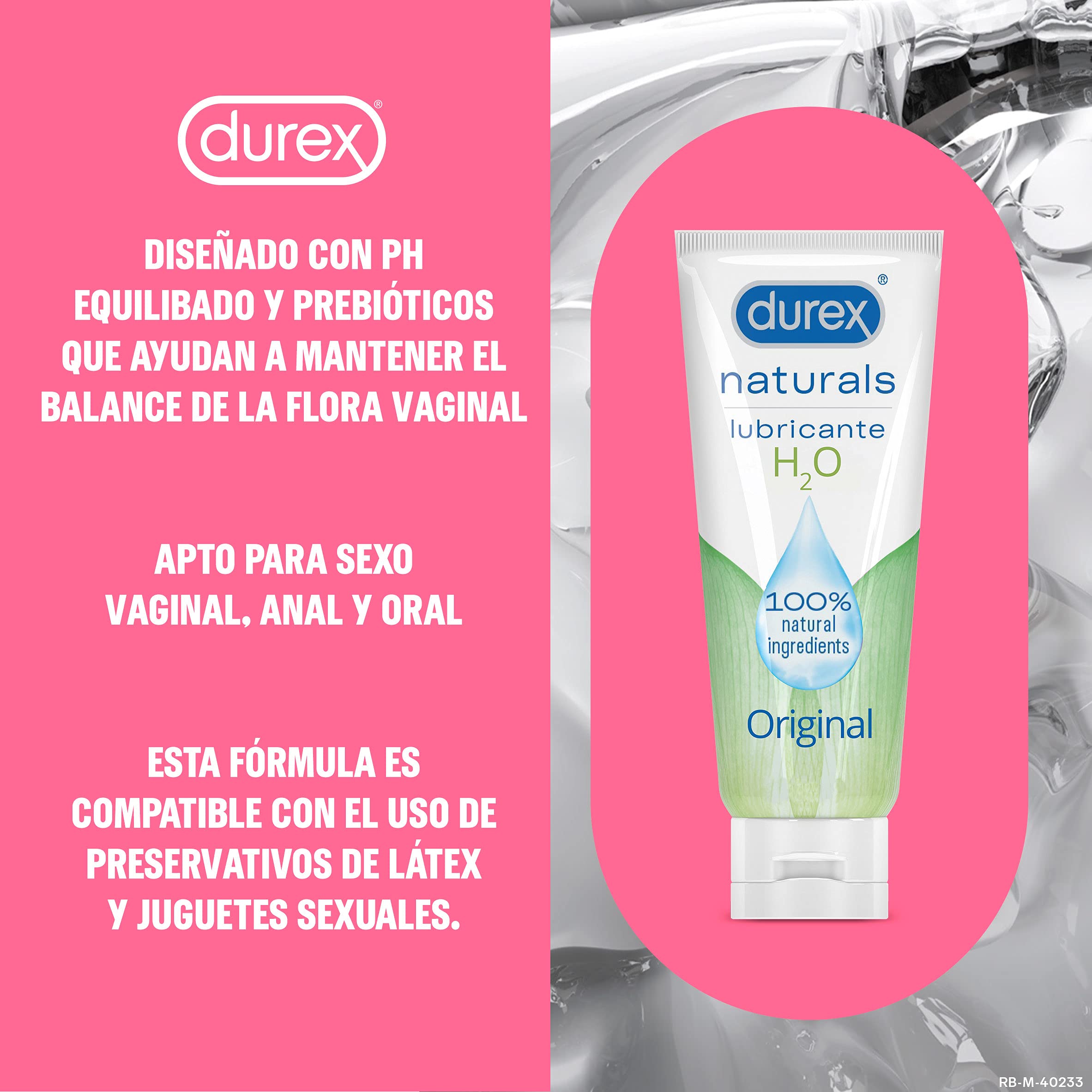 Durex Naturals H2O Lubricante Base Agua, 100% natural sin fragancia, colorantes ni agentes irritantes - 12x100 ml