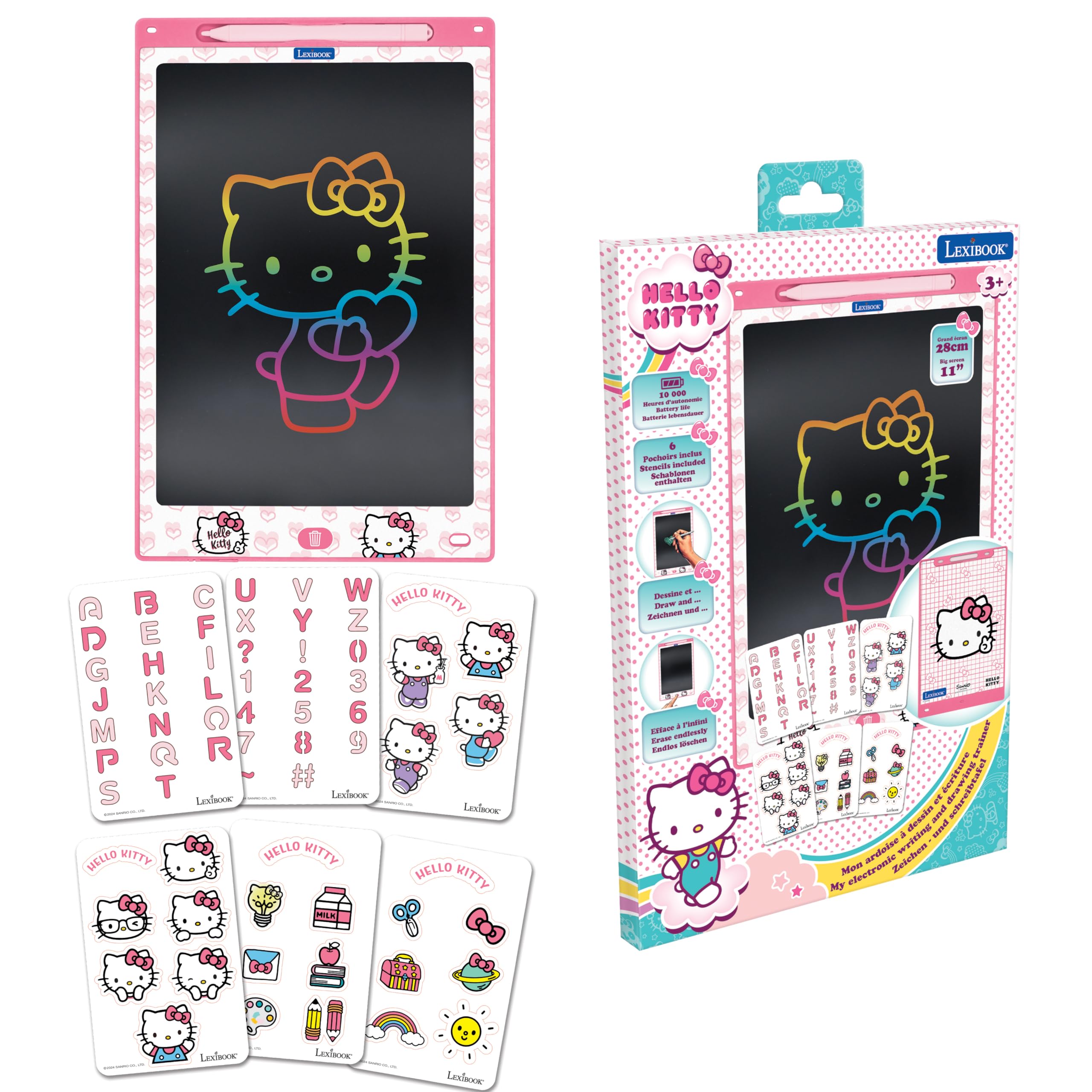LEXIBOOK, Hello Kitty, Magic Slate, Artistic and Creative Toy for Girls and Boys, Multicolored Drawings, 28 cm Screen, Includes 1 Stylus and 6 Stencils, Pink, CRT10HK