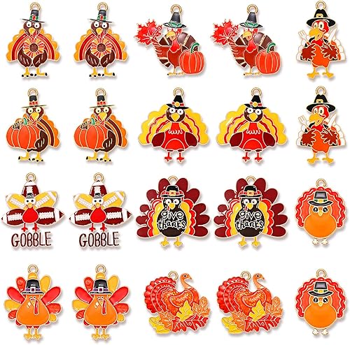 NVENF 32 dijes de otoño para hacer joyas, dijes esmaltados de Acción de Gracias, calabaza, pavo, hoja de arce, colgantes para manualidades,