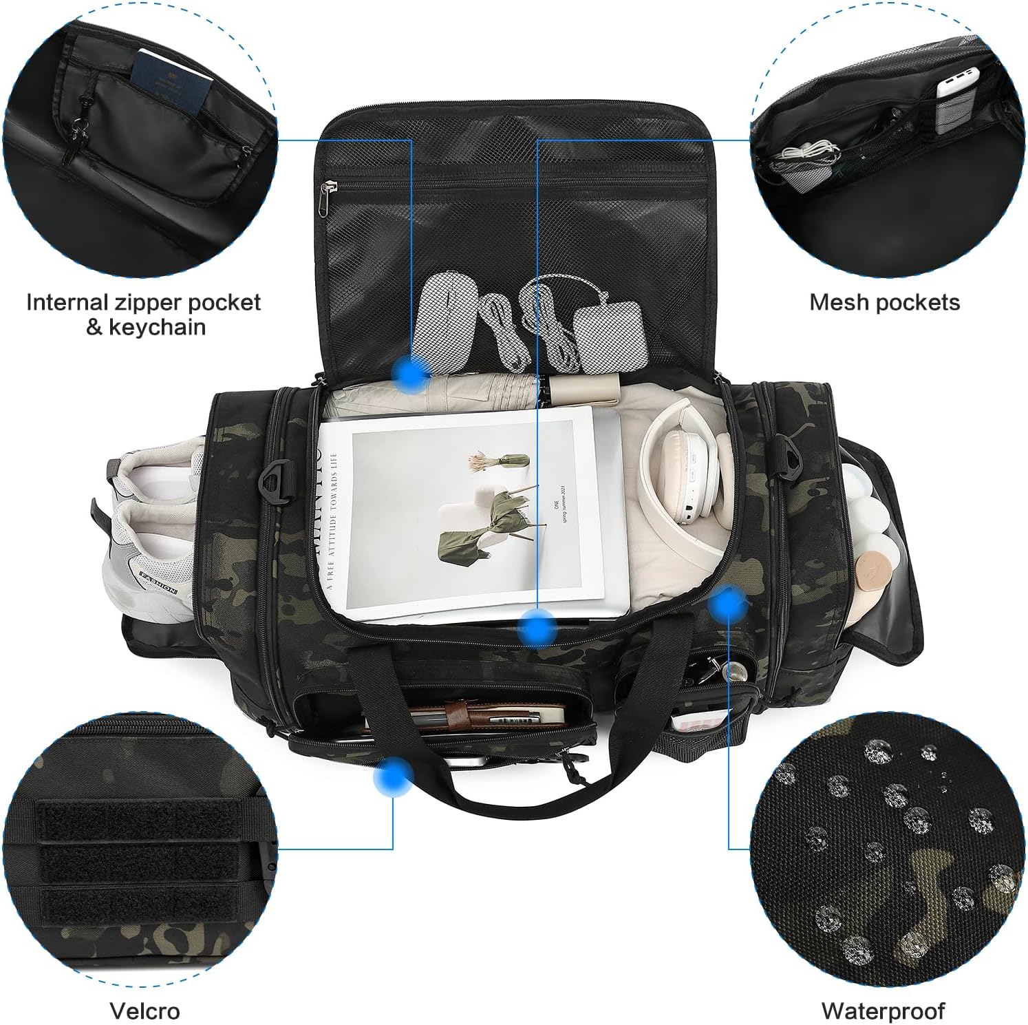 3 in 1 Tactical Travel Duffle Bag Backpack for Men Women 40-45L Expandable Gym Bag & Sport Duffel Bags for Travel with Shoe Compartment & Wet Pocket, Weekend Overnight bag for Caming, Camo - Image 3