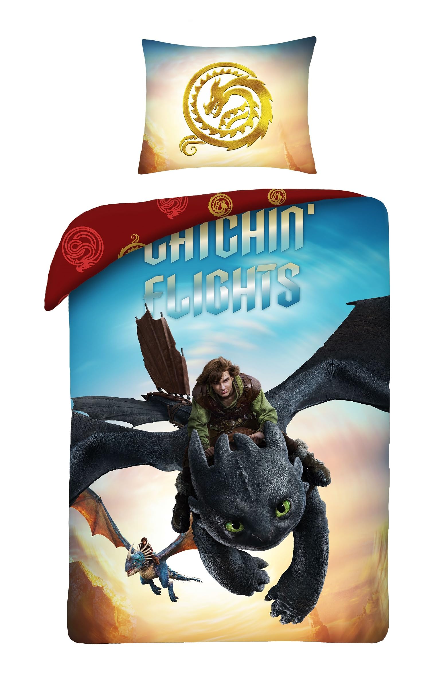 Halantex Dragon Trainer Bed Set – Hiccup and Toothless Fury Dark Dragons – Duvet Cover 140 x 200 cm with Pillowcase 70 x 90 cm – Microfibre – Multicoloured