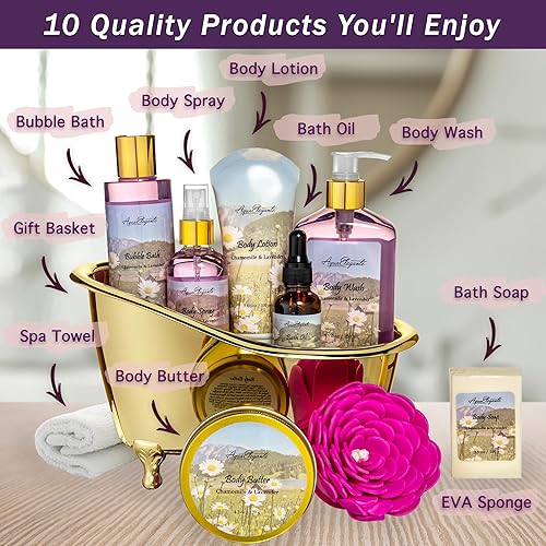 Miniatura 2 de Cestas de regalo de spa para mujer, juego de baño de lujo con lavanda y manzanilla, kit de spa incluye gel de baño, baño de burbujas, loción,
