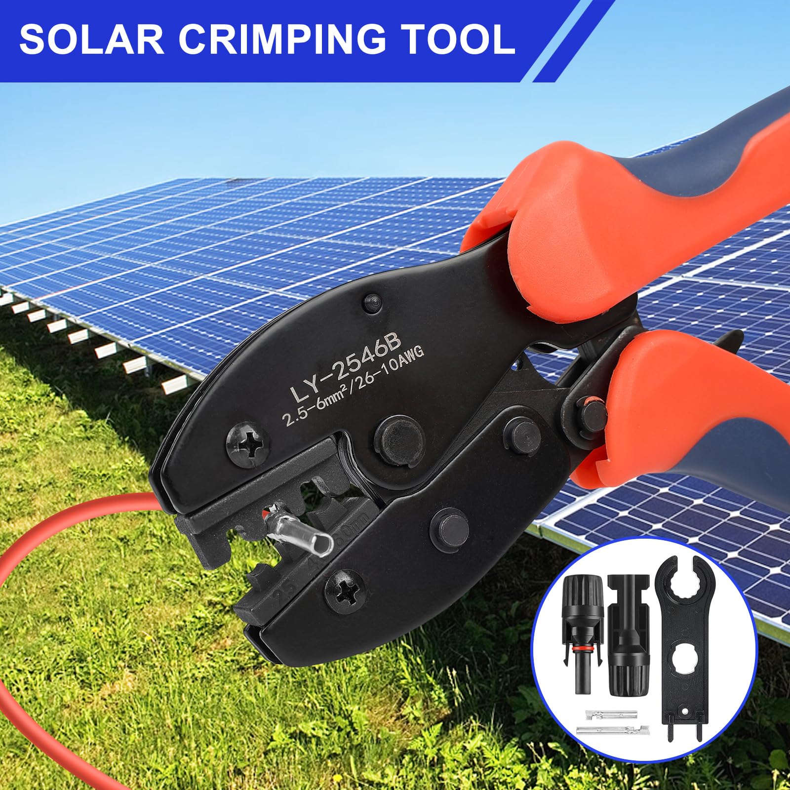 Kit de herramientas de crimpado solar con 60 conectores solares, 1 par de llaves inglesas de conector solar, 1 pelacables de alambre, herramienta de crimpado para montaje de extensión de cable de